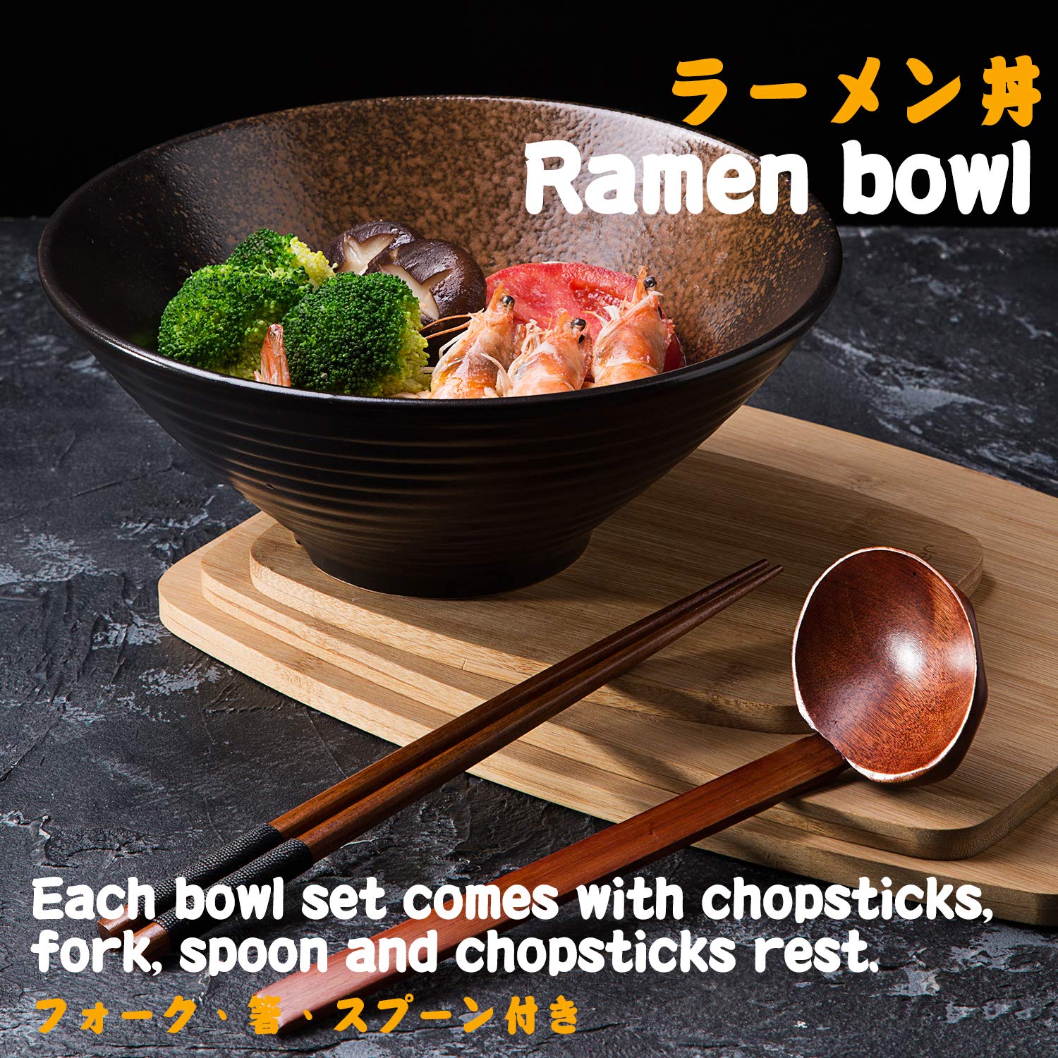 Porzellan Ramenschale mit Essstäbchen und Löffel, Set mit 2 großen japanischen Schüsseln 900 ml für Nudeln, Udon, Pho, Nudeln, Suppe und Salat, handgefertigte Müslischalen und Nudelschalen