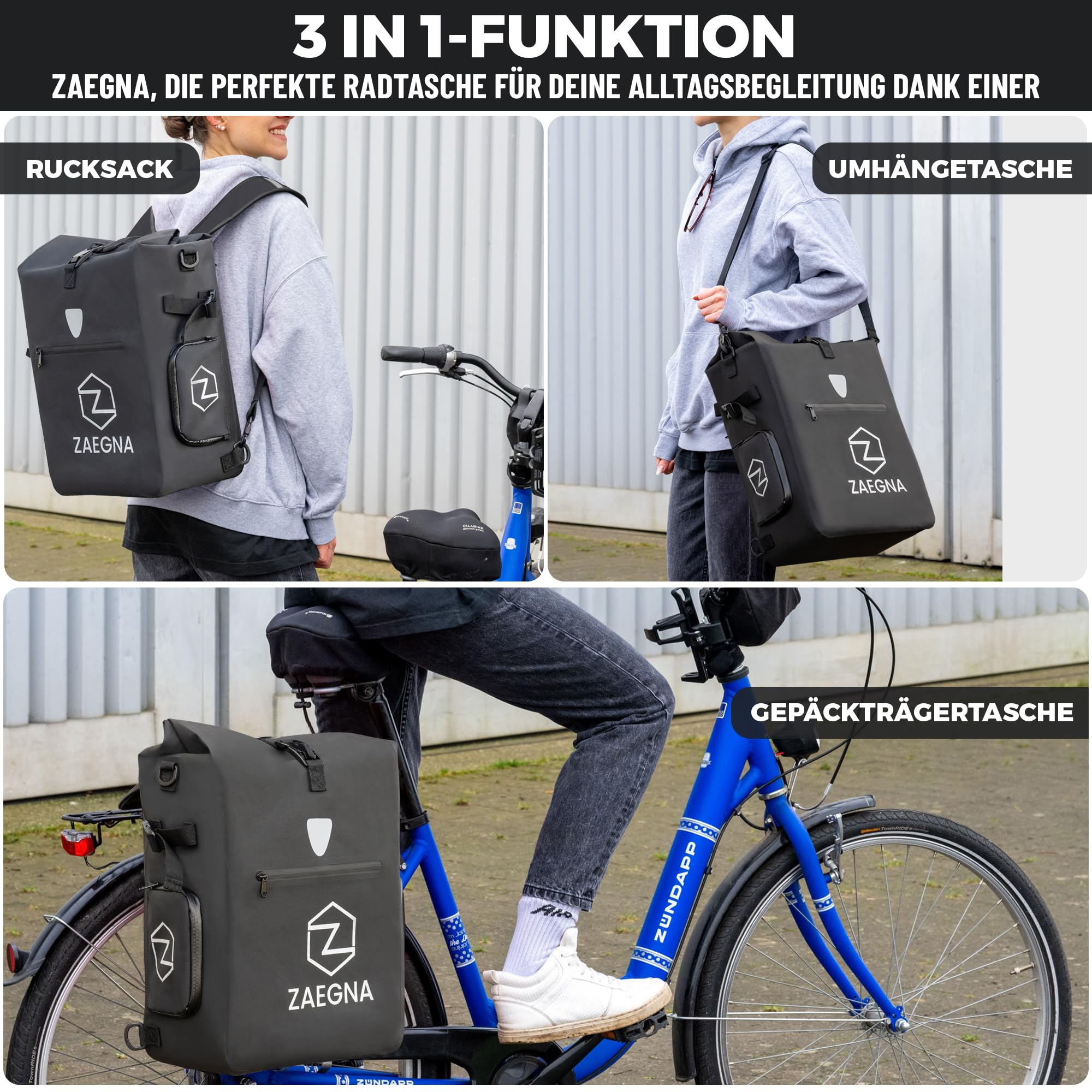 3 in1 Fahrradtasche für Gepäckträger - wasserdichte Fahrrad-Gepäcktasche, Rucksack & Umhängetasche - Fahrrad Tasche mit Laptopfach & Bodenplatte