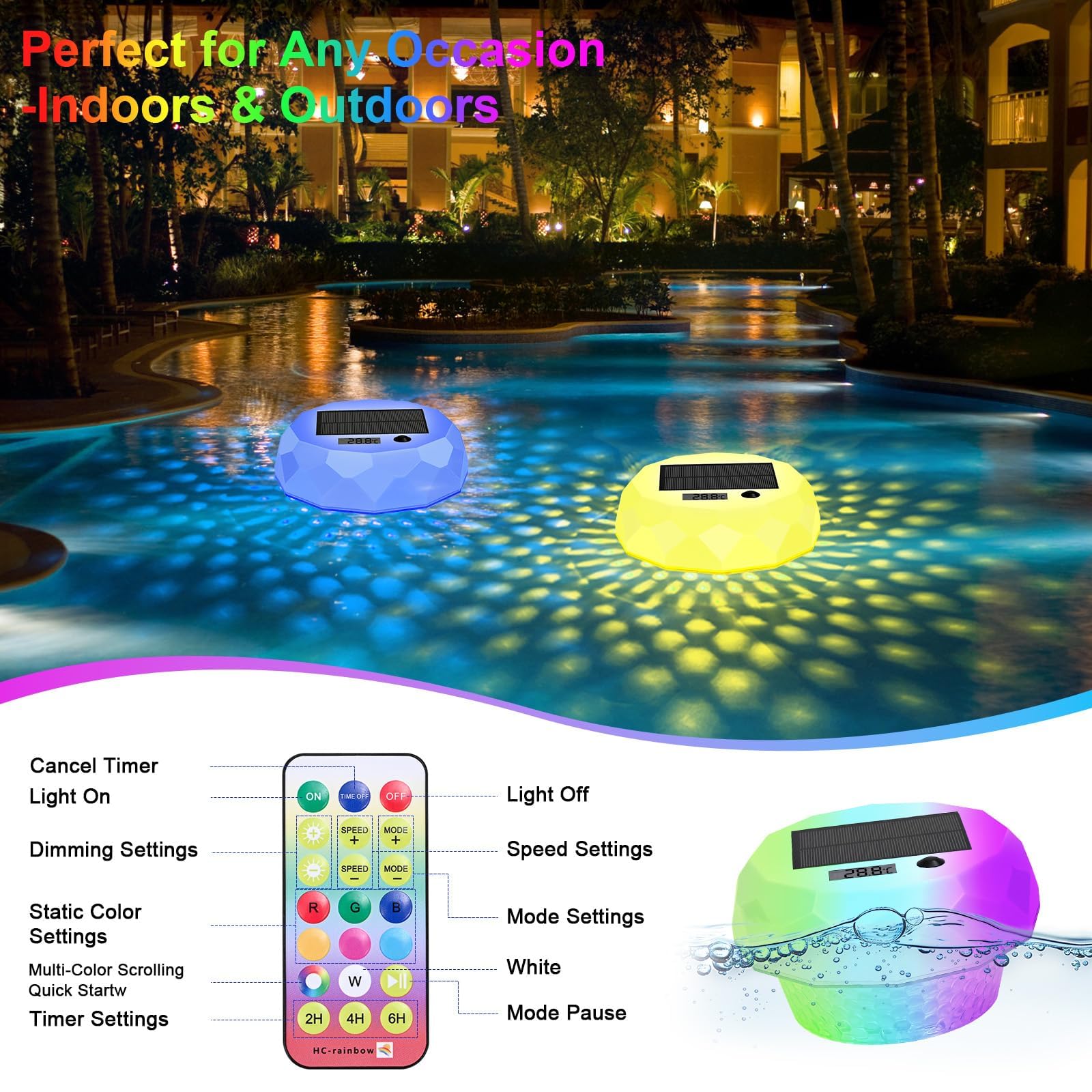 Luci Solari per Piscina con Termometro Digitale,Luci Galleggiante per Piscina Galleggianti Cambia Colore RGB con Telecomando Impermeabile IP68 per All'aperto Piscina Spa Festa Giardino