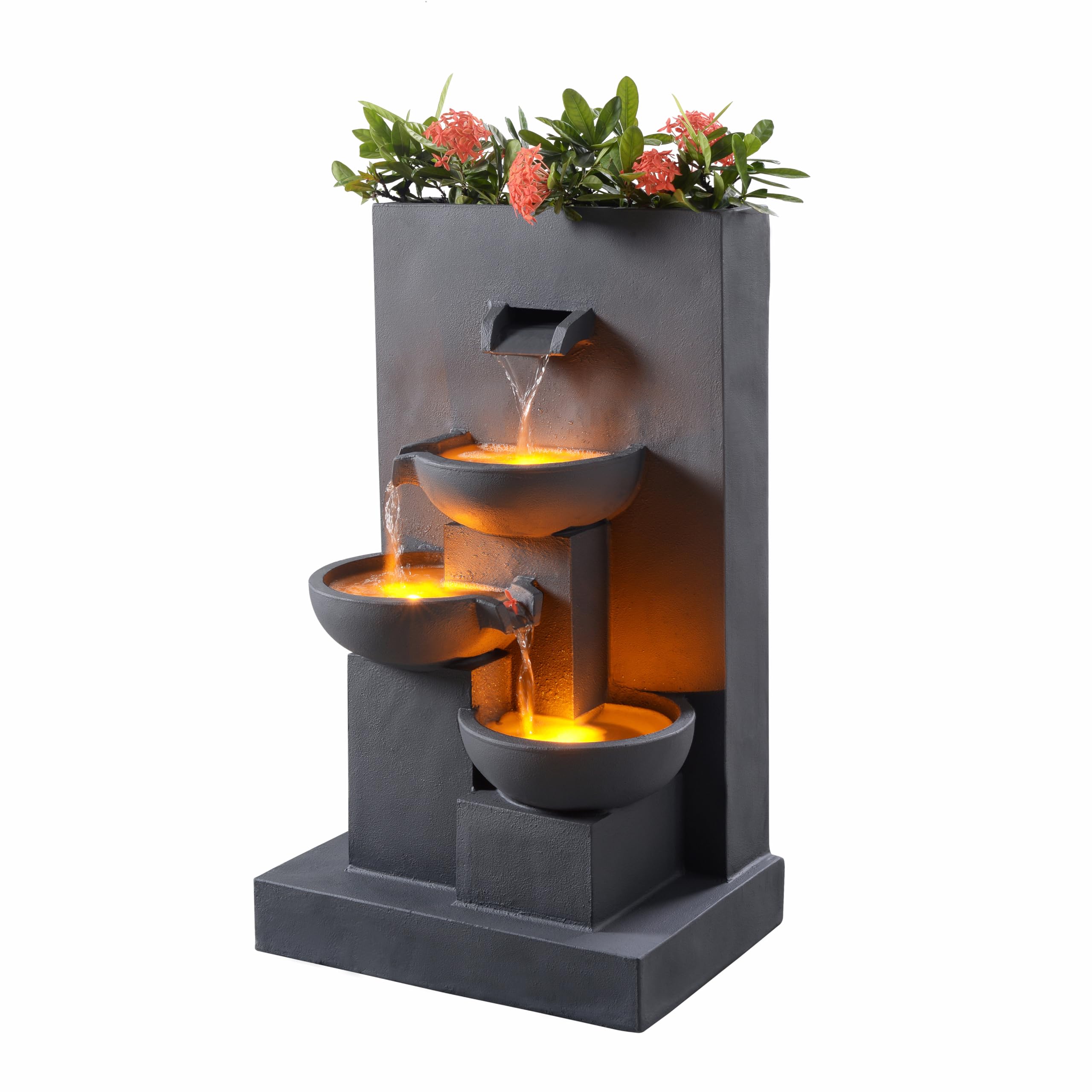 Teamson Home 74 cm 3-stufiger Kaskadierender Outdoor-Wasserbrunnen mit Pflanzgefäß, LED-Leuchten für Außenbereiche, Mattgrau