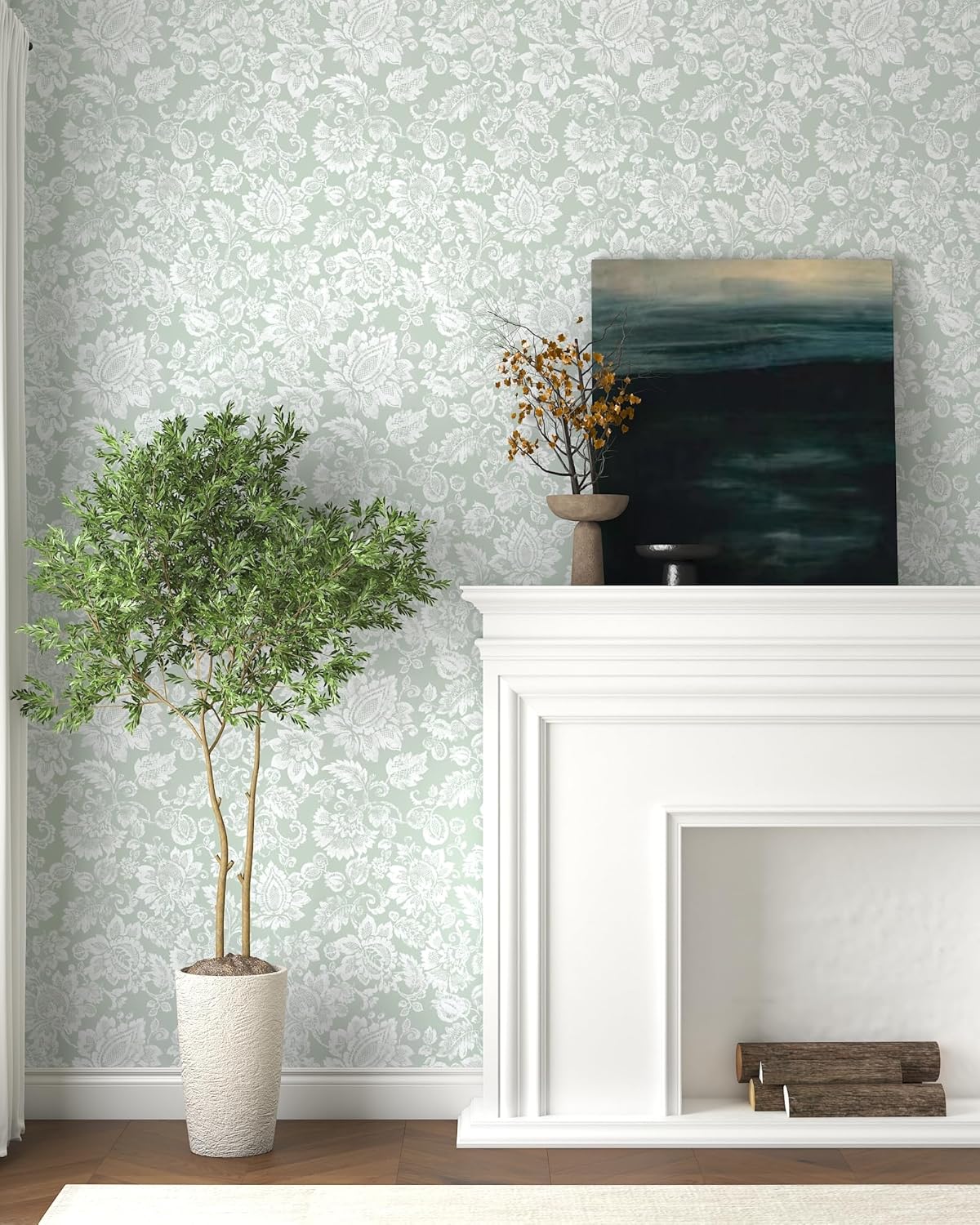 Theper Green and White Floral Peel and Stick Wallpaper Modern 17.3"×78.8" Floral Wall Paper Removable Self Adhesive Wallpaper for Bedroom Bathroom Green and White Contact Paper Home Decor Vinyl Roll