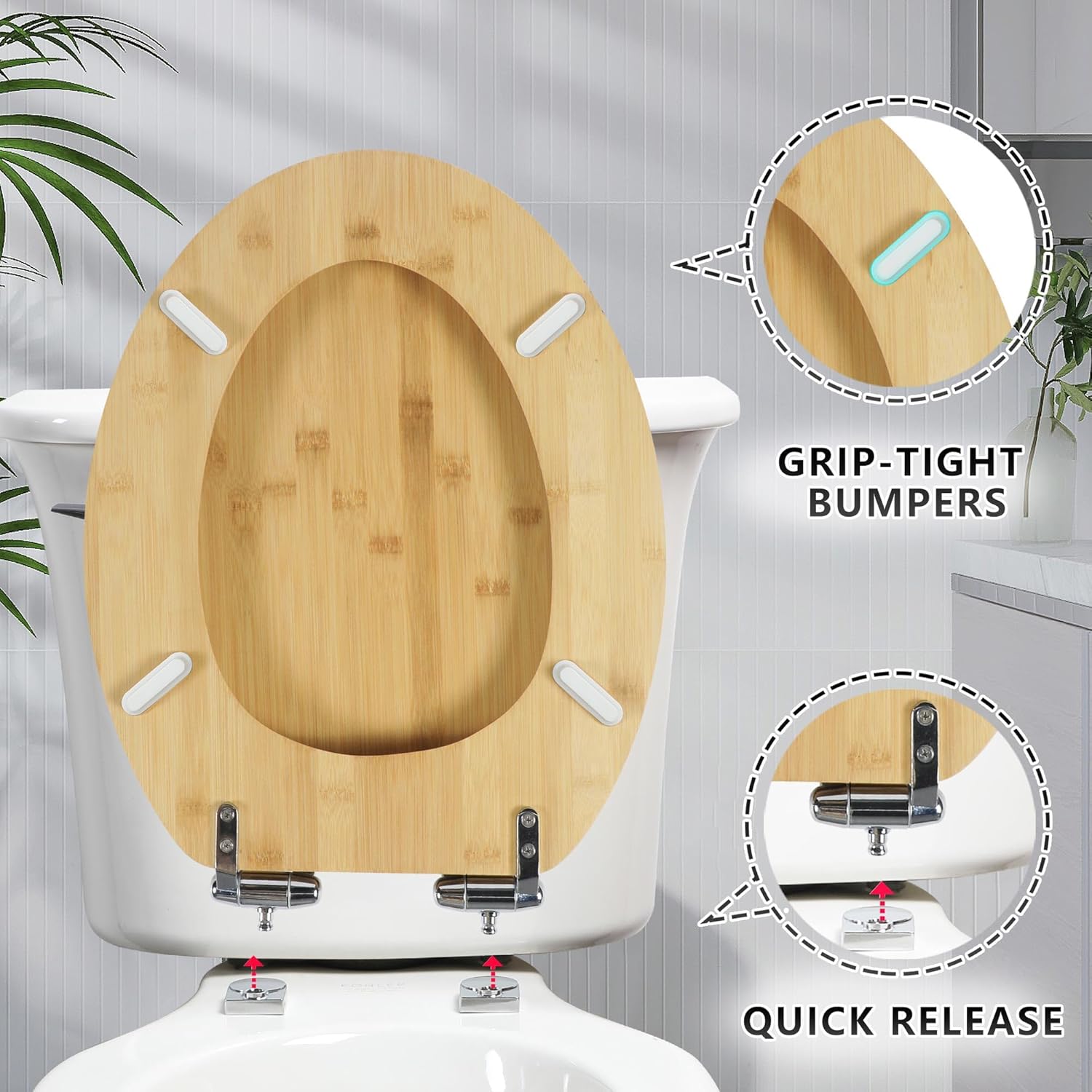 Elongated Bamboo Toilet Seat with Lid Quick Release Slow Close Zinc Alloy Strong Hinges Natural Bamboo, Light, 19-inch