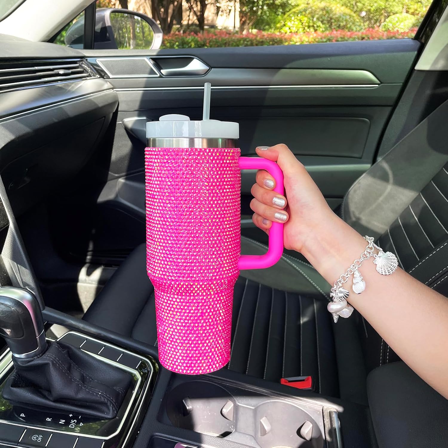 40oz Bling Tumbler with Handle and Straw Lid Rhinestone Studded Tumbler Cups Vacuum Insulated Stainless Steel Double Wall Water Bottle Travel Mug Gifts for Women Her (Hot Pink) - Image 5