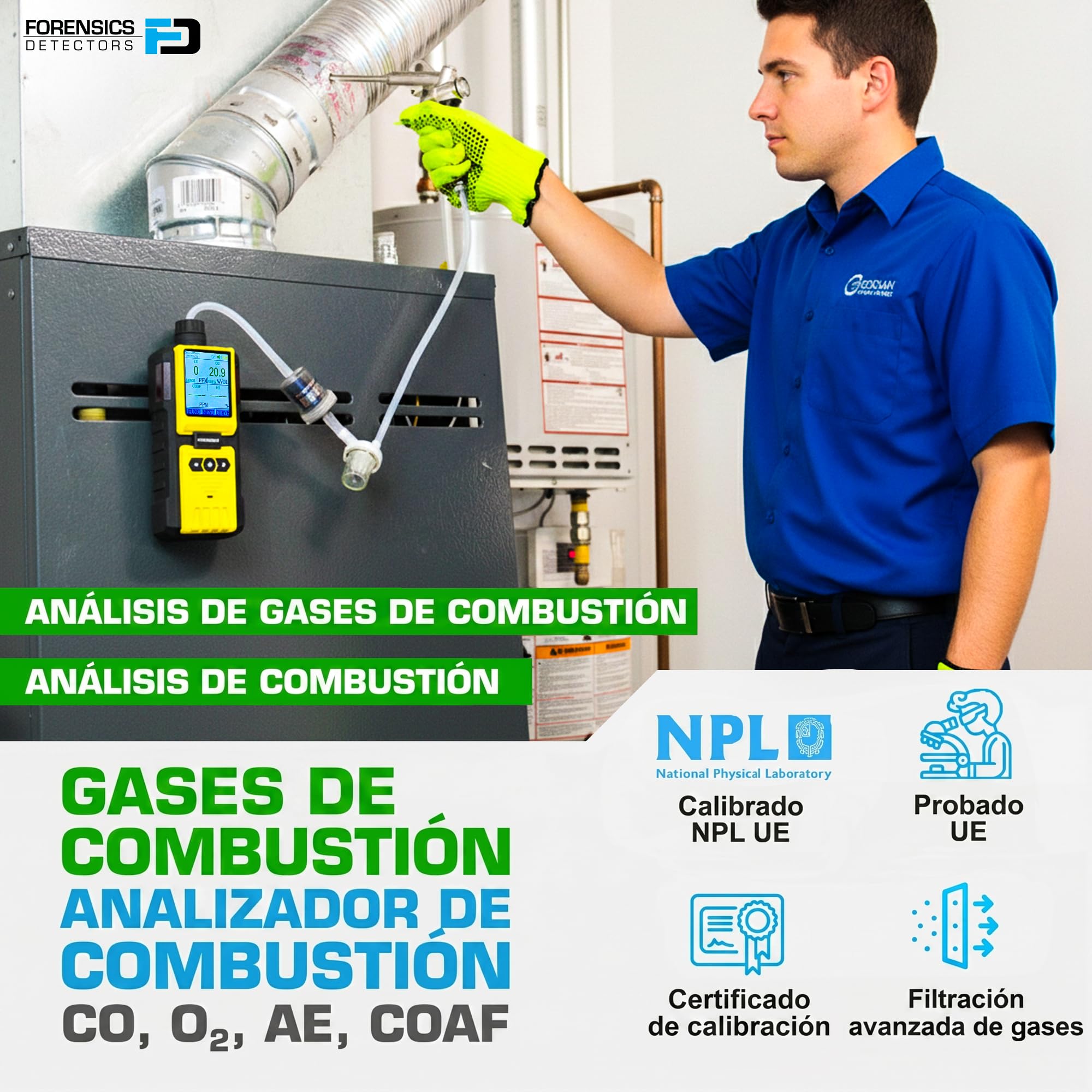Analizador Profesional de Gases de Combustión | Certificado de Calibración EU | HVAC, Combustión y Gases de Escape | CO, O2, COAF y EA | Filtros y Sonda