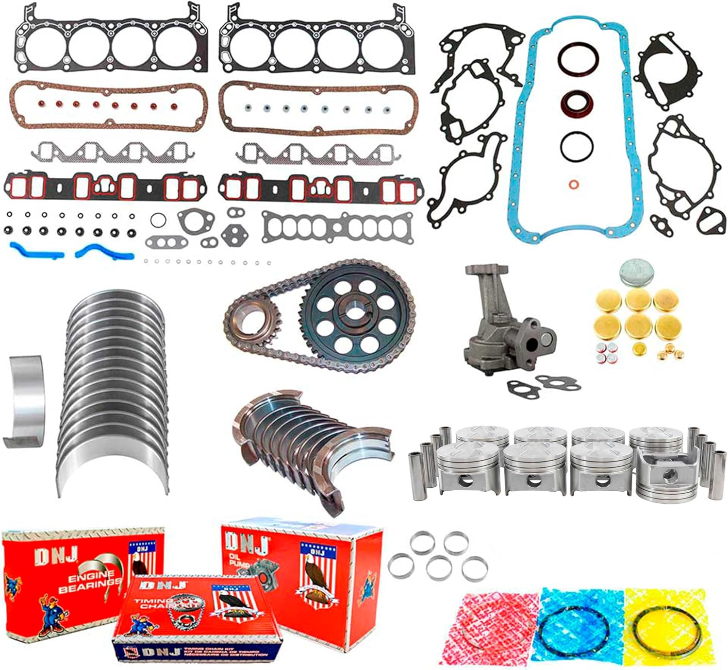 DNJ EK4104BM Master Engine Rebuild Kit for 1986-1990 Ford, Lincoln, Mercury Capri, Colony Park, Continental 5.0L V8 16V OHV 302cid
