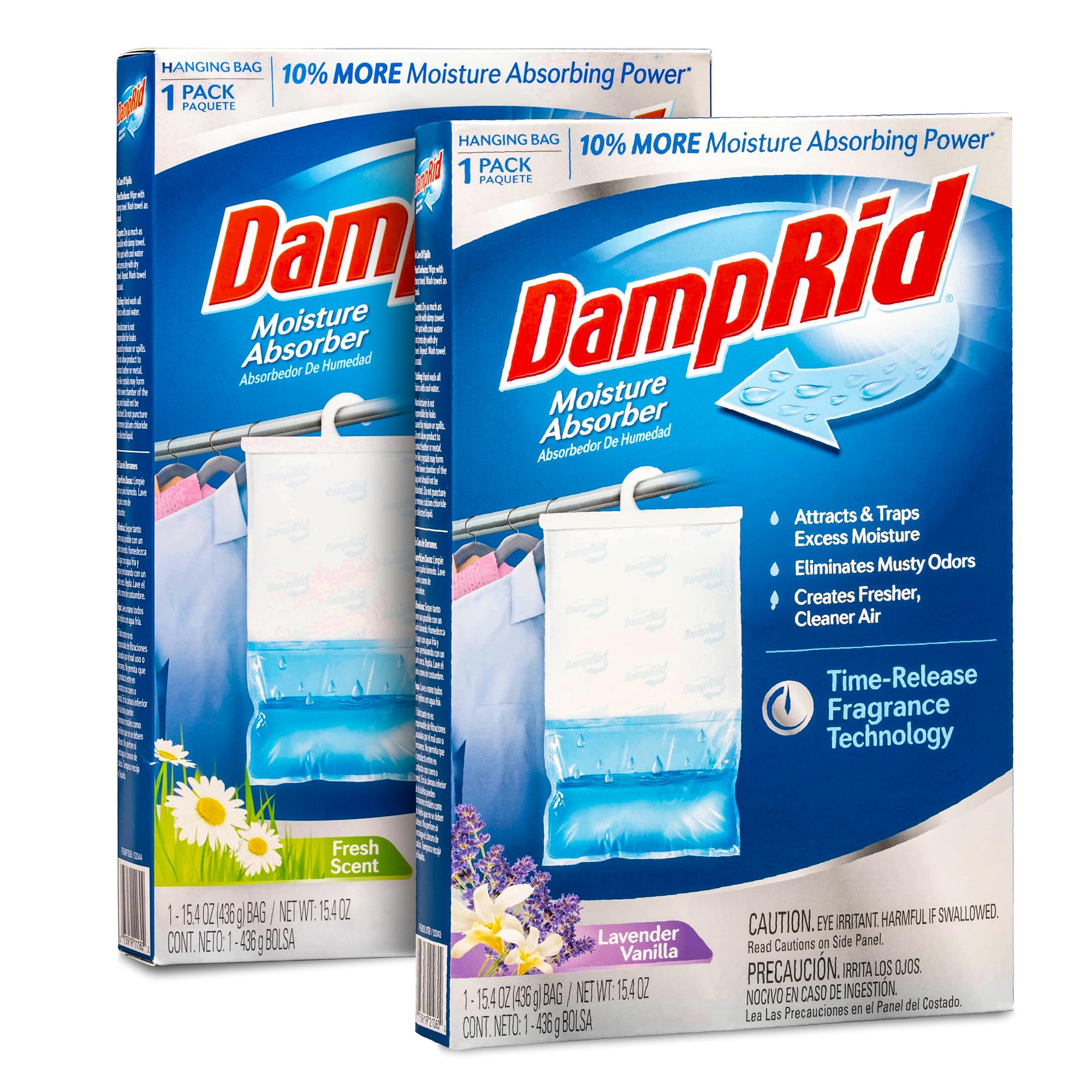Damp Rid Hanging Bag Moisture Absorbers - 2 Single Packs 15.4oz (Fresh Scent, Lavender Vanilla) - Closet Deodorizer Odor Eliminator, 10% More Moisture Absorbing Power - ILIOS Packaging
