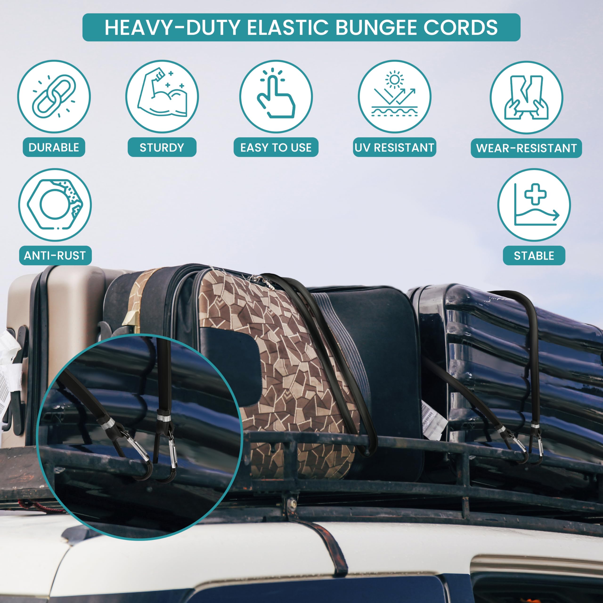 Belle Vous Set de Pulpos Elasticos con Gancho Mosquetón - 4X Pulpo Elastico Tensores hasta 150 kg - Cuerda Goma Elastica para Transporte - Cinchas Elásticas para Moto Toldos Coche