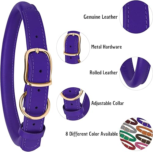 Miniatura 4 de Collar de cuero enrollado para perro, collar ajustable de cuerda redonda para perros pequeños, medianos y grandes, cachorros, rosa, morado, verde,