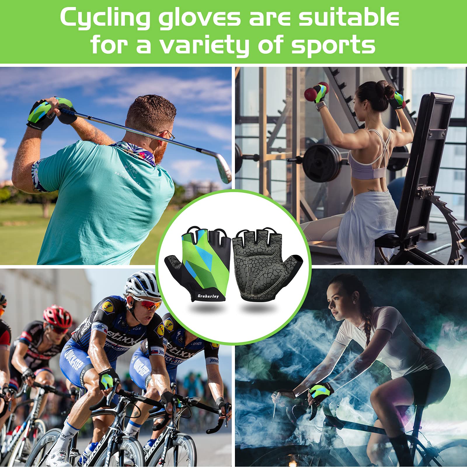 Grebarley Guanti MTB,Guanti da Ciclismo, Mezze Dita Guanti Ciclismo Estivi Uomo Donna, Traspirante/Antiurto/Confortevole/Antiscivolo Adatto per gli sport all'aperto