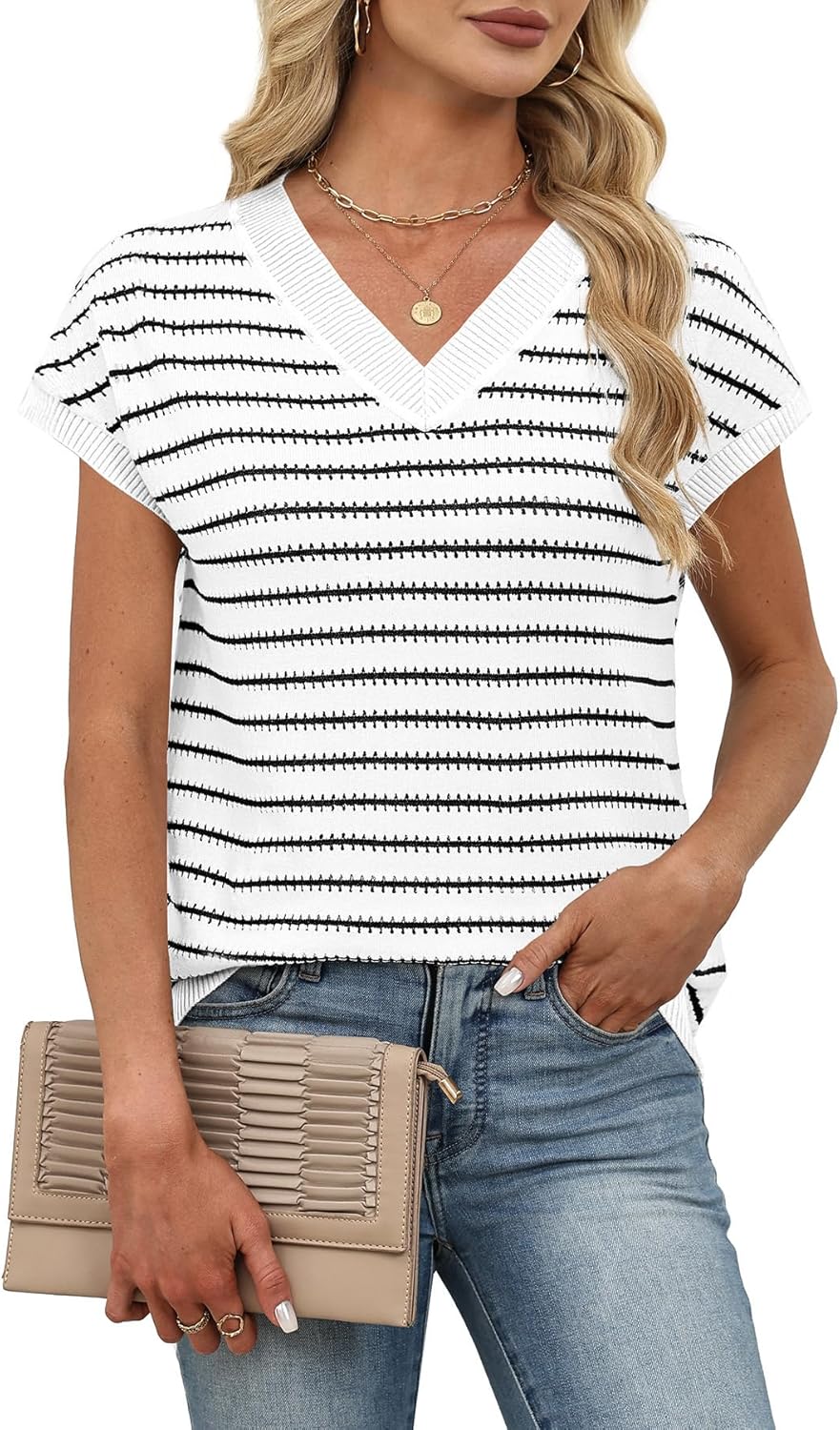WIHOLL Womens Short Sleeve Sweater V Neck Cute Tops Trendy Spring Summer Striped Pullover Crochet Sweater Vest - Image 4