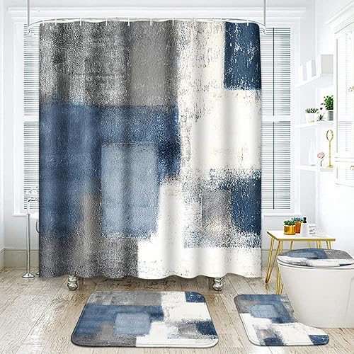 ArtSocket Navy Blue Grey Abstract Bathroom Set with Shower Curtain