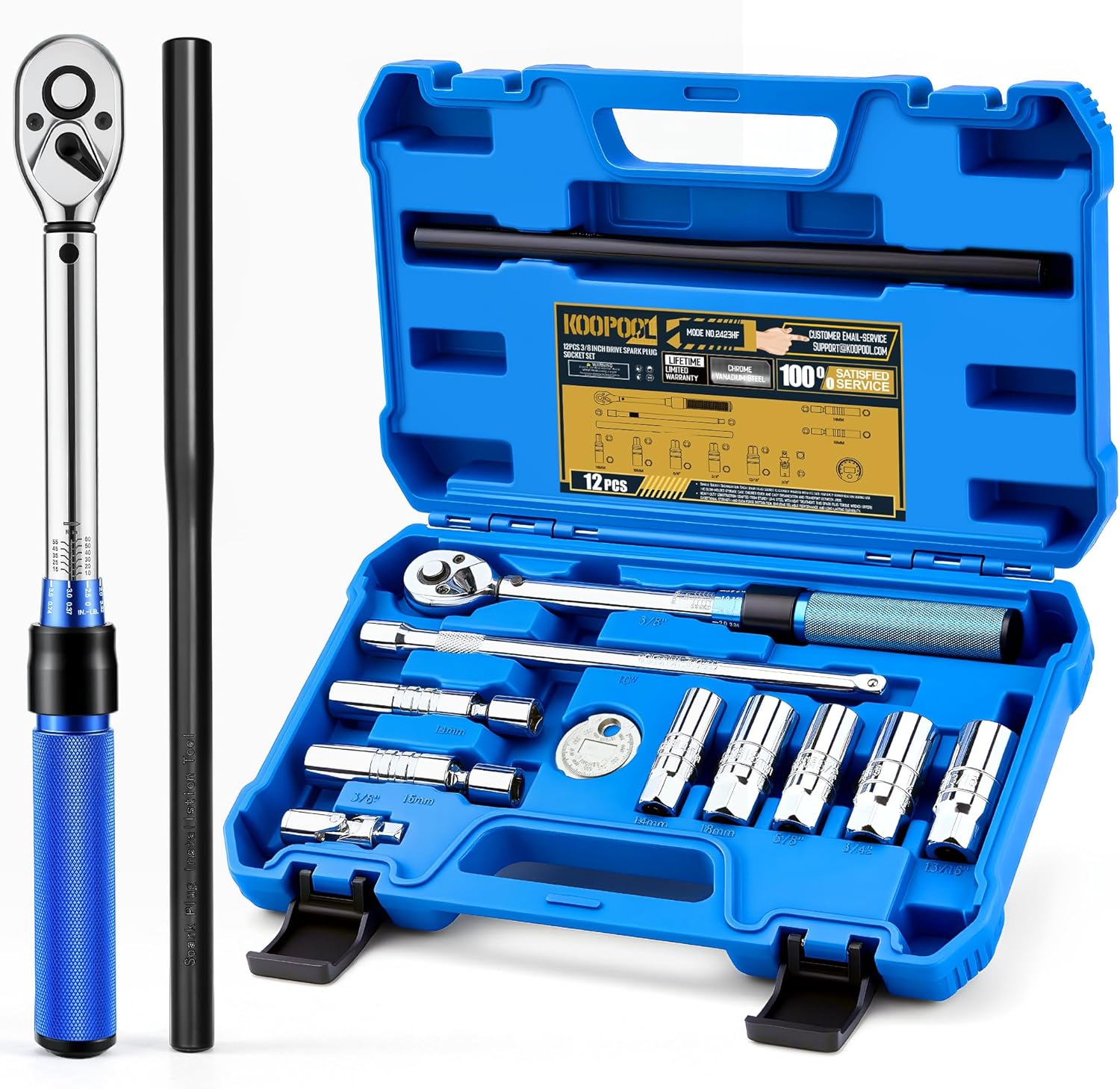 12pc Magnetic Spark Plug Socket Set with Installation Tube, 3/8" Click Torque Wrench, Spark Plug Gap Tool, Magnetic Swivel Sockets, U Joint and 10" Extension Bar（12pcs）