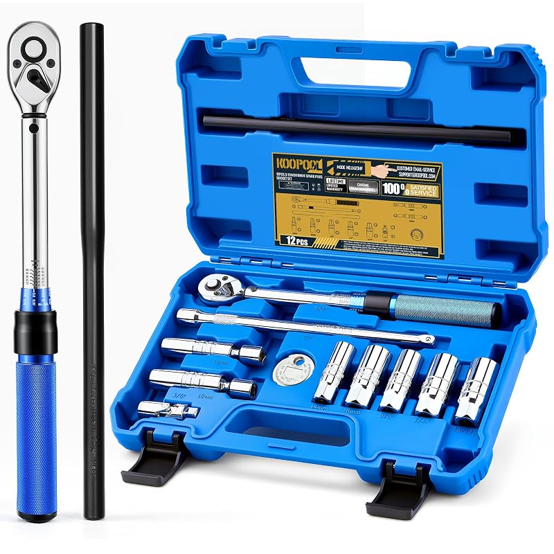 Kit de soquetes magnéticos para velas de ignição KOOPOOL com torquímetro de estalo de 9,5 mm (3/8 pol.), tubo de instalação e 12 peças