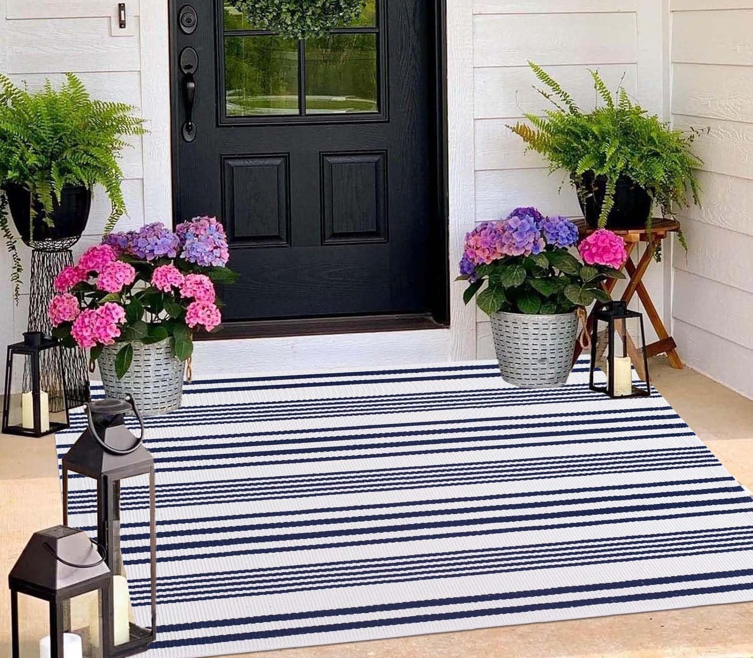 Tapis d'intérieur/extérieur rayé en Coton tissé à la Main Generic Bleu et