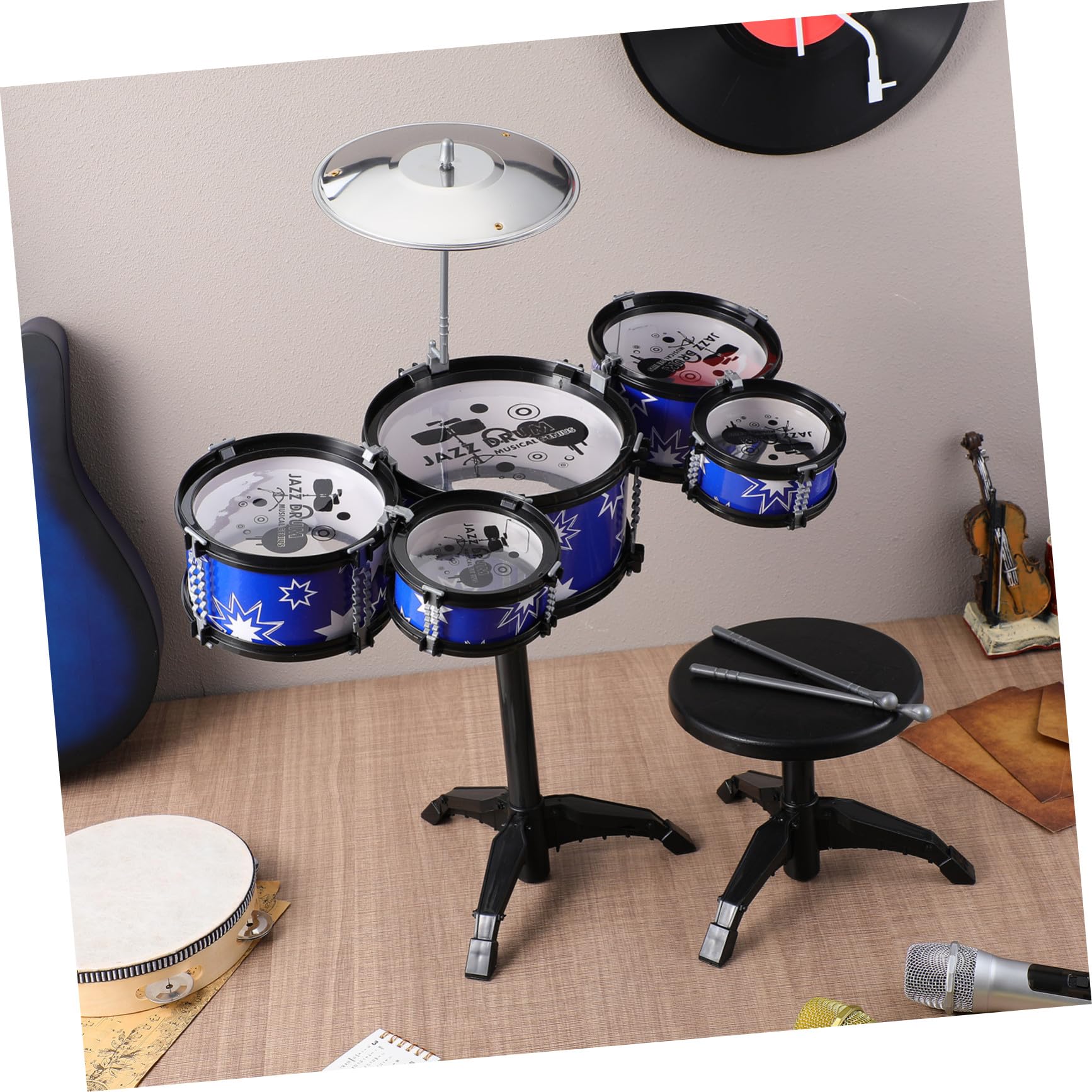 SUPVOX Set di Batteria 5 Tamburi in Plastica per Bambini 21 Pollici Strumenti Musicali Percussioni Sgabello e Bacchette , Gioco Educativo per Bambini Piccoli