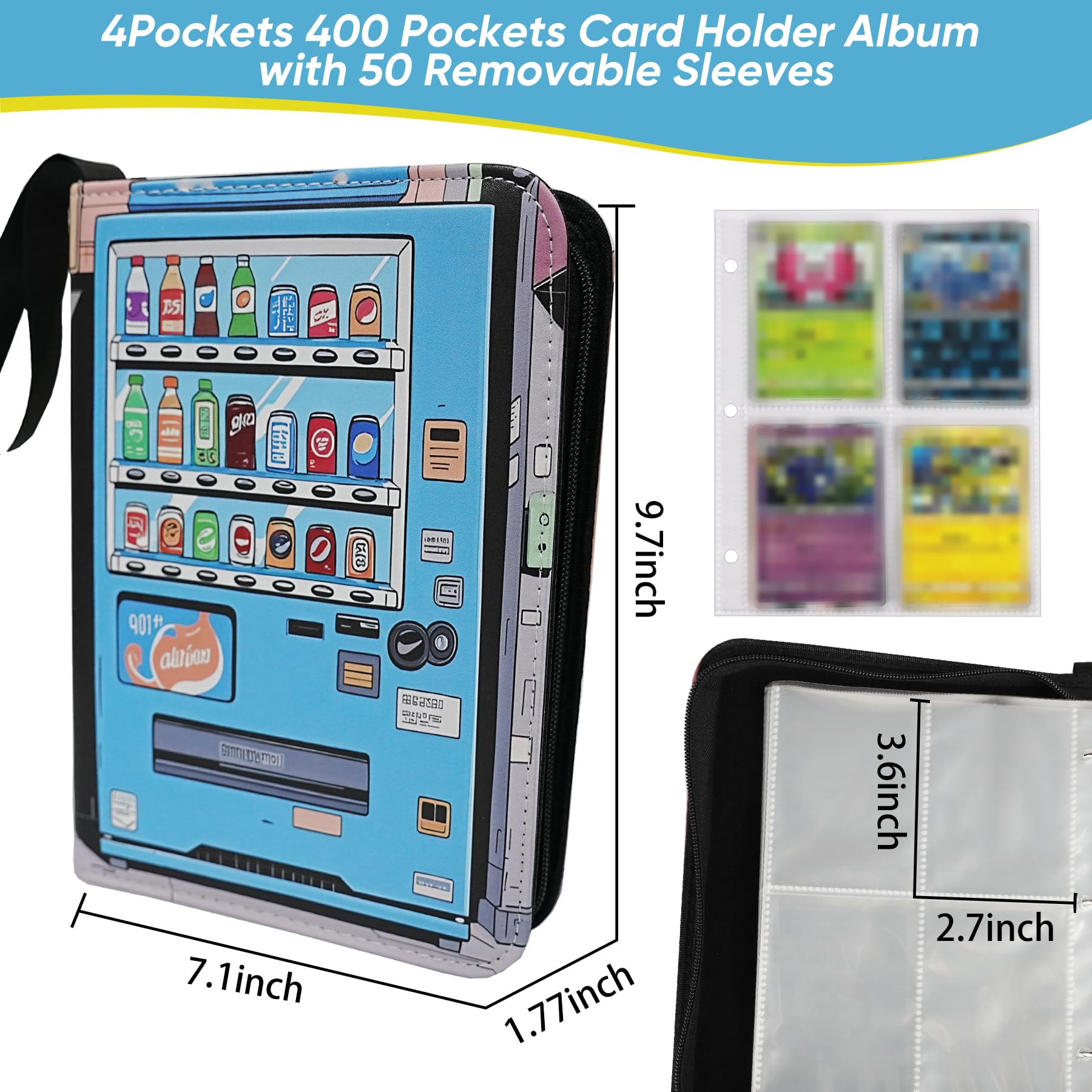 Kartenbinder mit 4 Taschen, 400 Taschen, Kartenhalter, Album mit 50 abnehmbaren Hüllen, Sammelkarten-Sammelbuch mit Reißverschluss, Blau