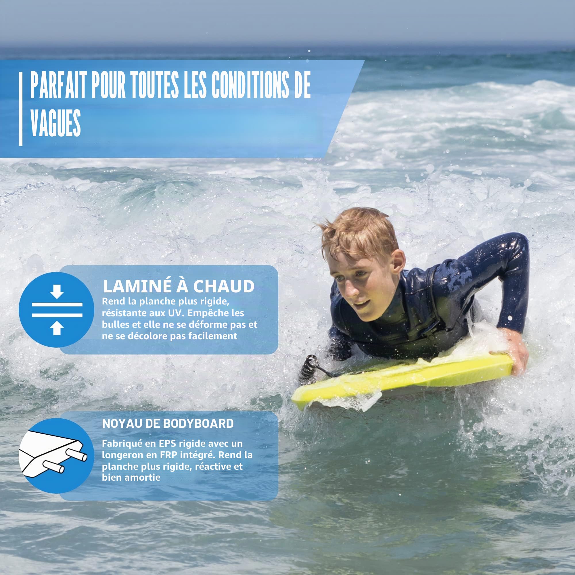 Planche de Corps légère et Durable avec Noyau en EPS Double Canal pivotant et Laisse enroulée idéale pour Les Stations balnéaires d'été et la Plage avec Blason de 94 cm