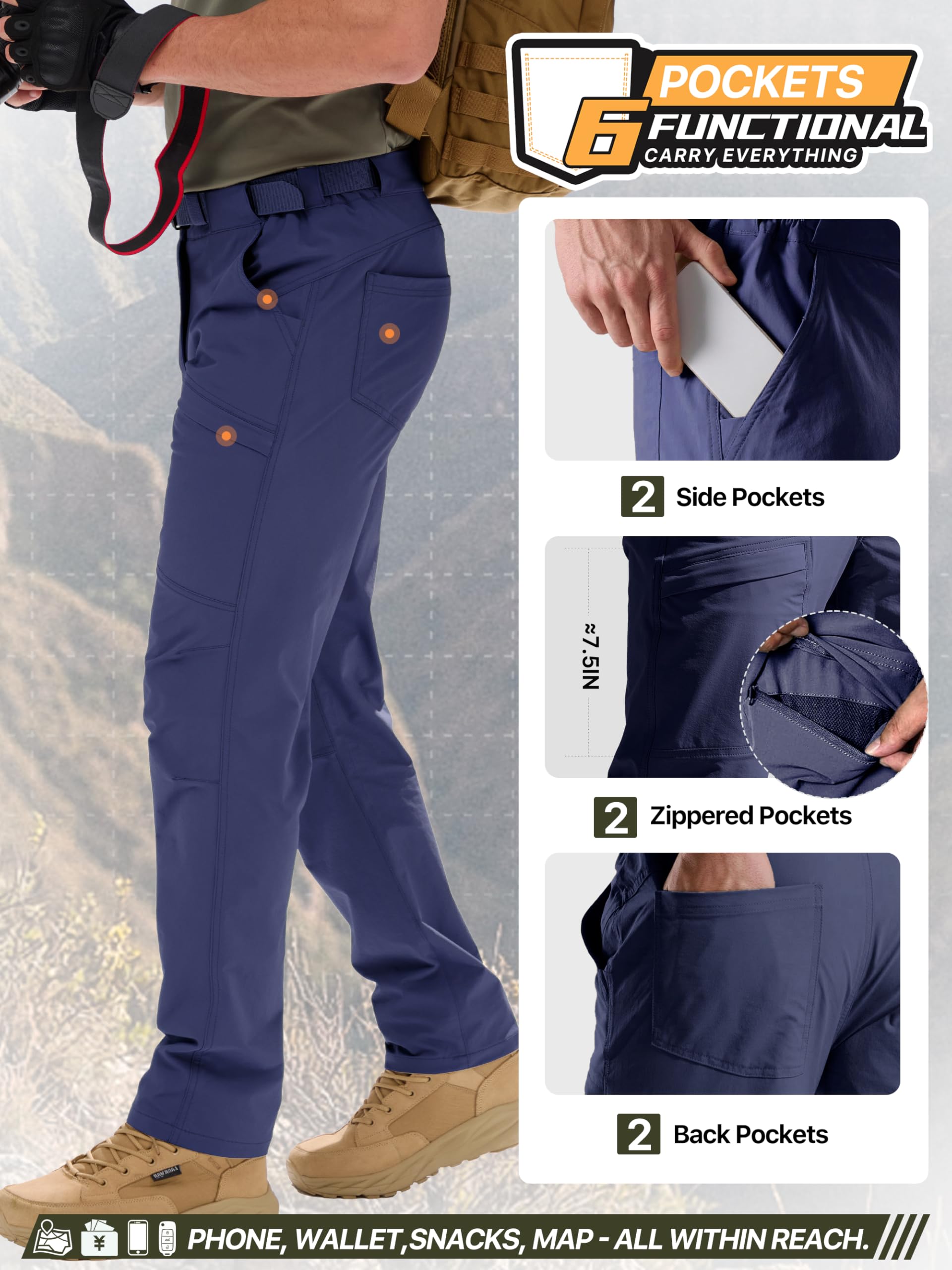 Free Soldier Pantalon tactique léger imperméable à séchage rapide en nylon Spandex pour homme Bleu marine 42 x 32 l