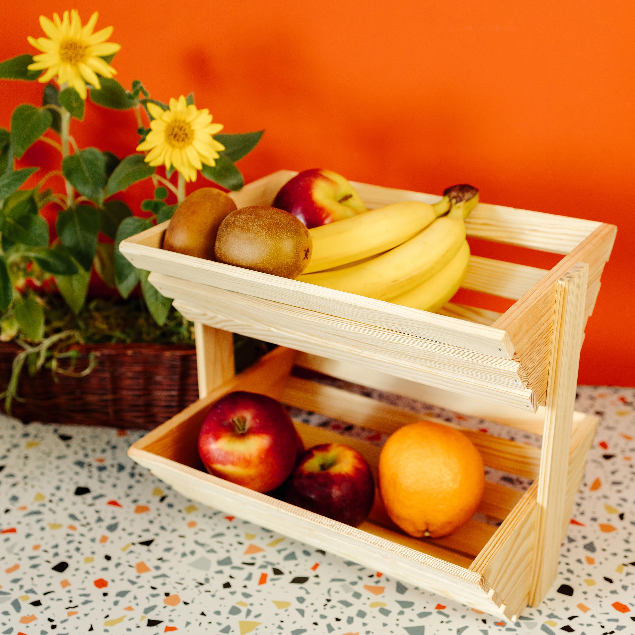 Creative Home Frutero Cesta de Frutas de Dos Niveles de Madera | 36x28x30 cm | Madera Aceitada | Soporte Universal Funcional para Almacenaje y Exhibición | Frutas Verduras Snacks | Cocina Comedor
