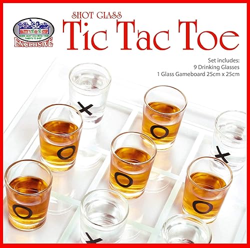 Miniatura 7 de Mattys Toy Stop Tic-Tac-Toe juego de beber de vasos de tres en una fila con 9 vasos de chupito y tablero de juego de vidrio 10 x 10 pulgadas