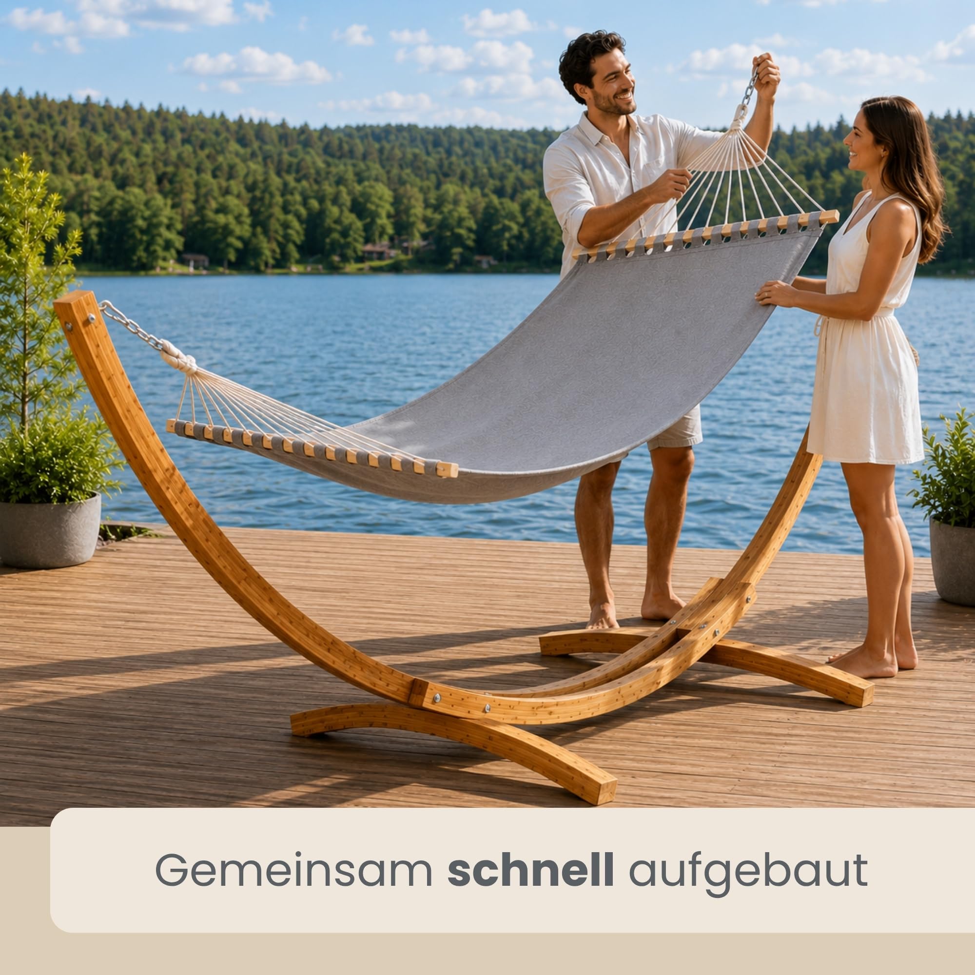 AMANKA XXL Hängematte mit Gestell 325 cm – stabiles Outdoor Hängemattengestell aus Holz mit Grauer Stabhängematte für Zwei Personen – entspanntes Hängemattenset für Garten Balkon oder Terrasse