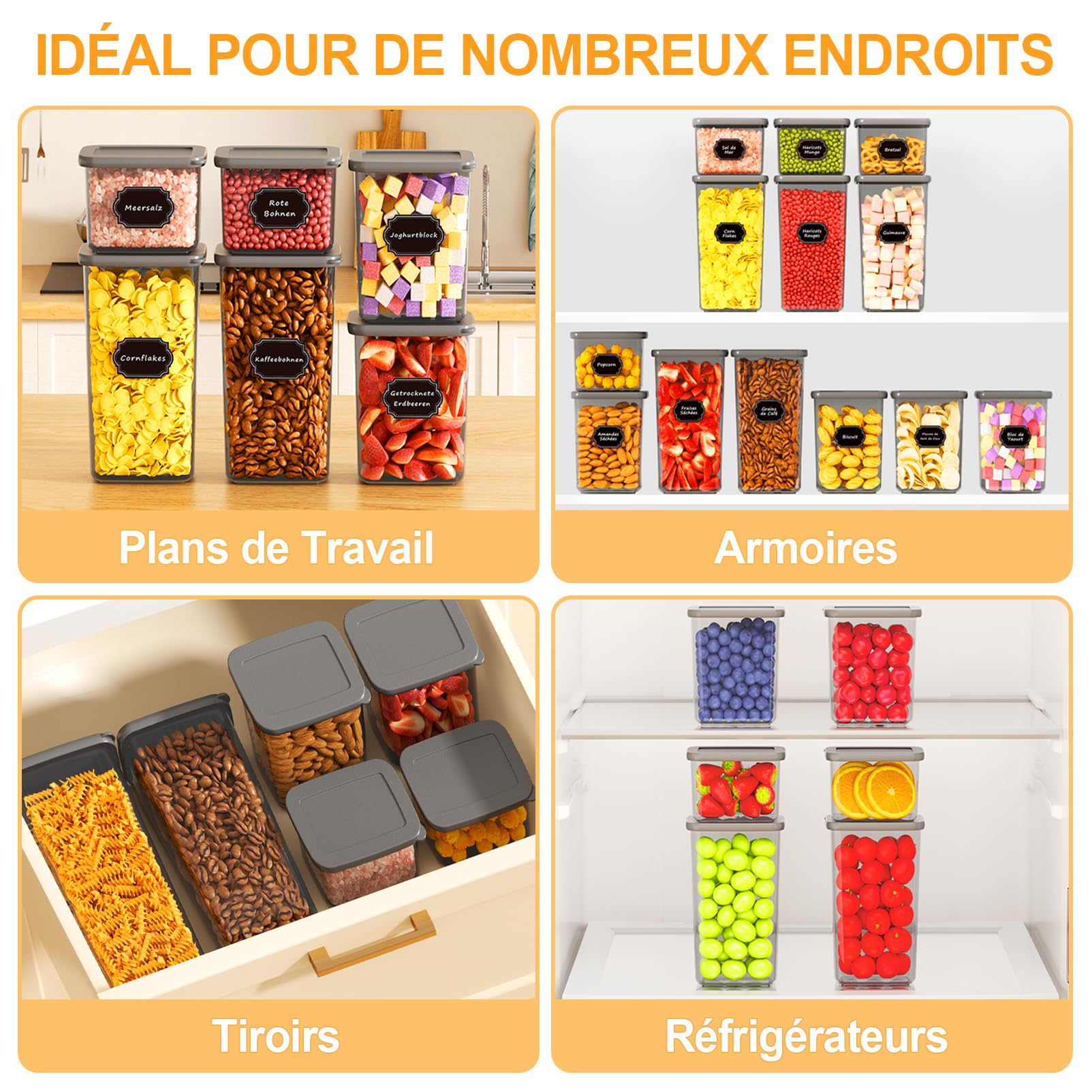 Boite Rangement Cuisine Lot de 12, Boite Hermetique Alimentaire, Boite Conservation Alimentaire en Plastique avec couvercles pour Céréales, Farine et Aliments Secs