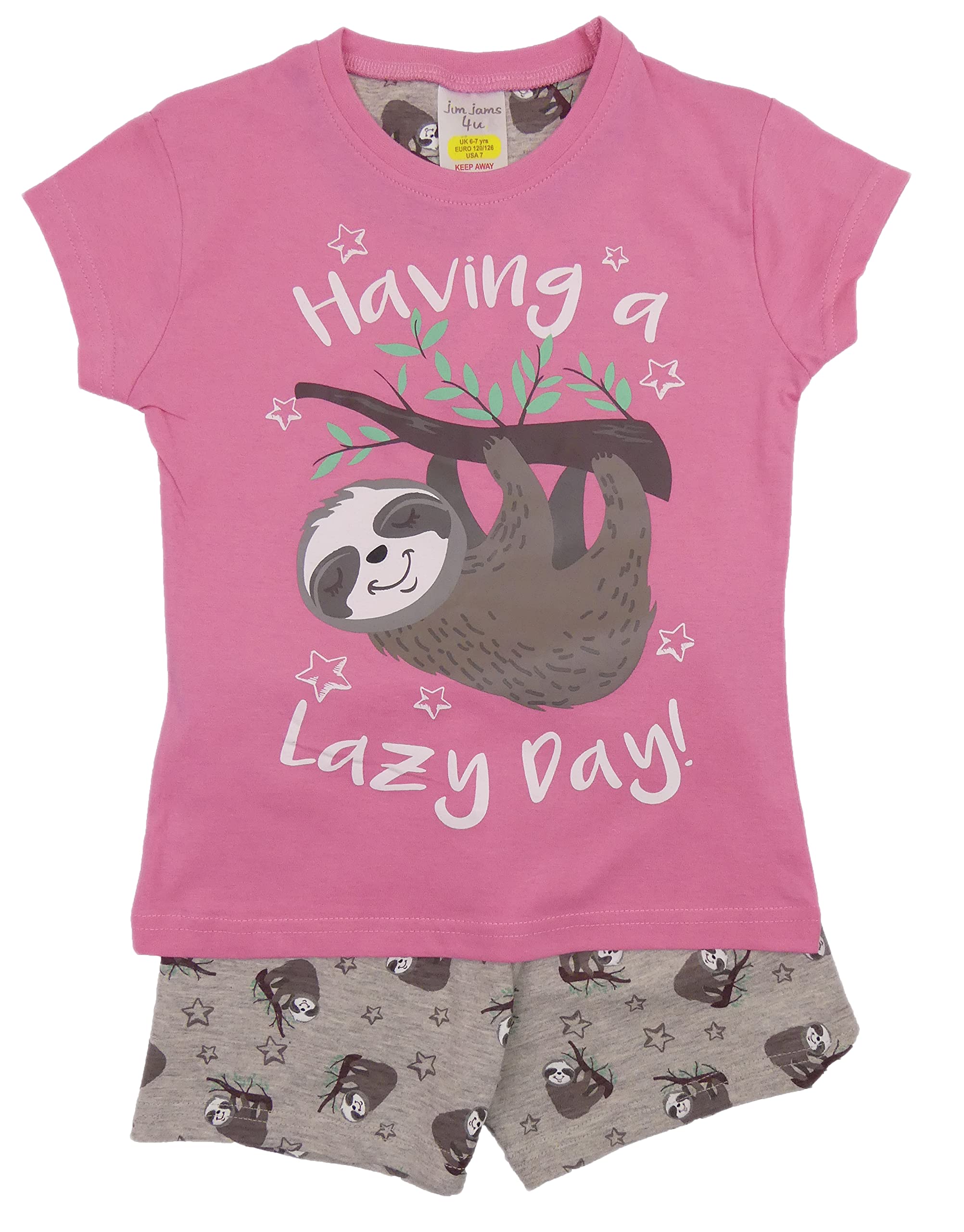The Pyjama Party Ltd Girls Pyjamas Sloth Pretty Pink Sleepy Sloth 5-13 Years Long or Short (Sloth Shortie, 5-6 Years)