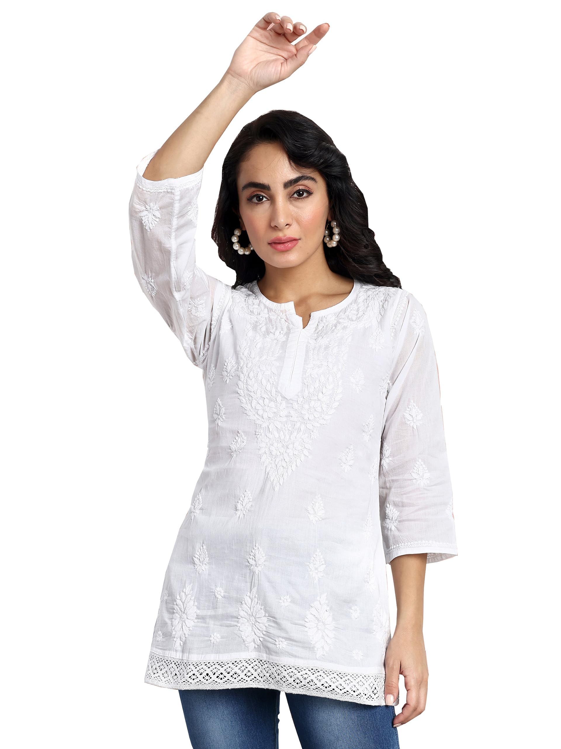 AdaWomen's Cotton Regular Fit Tunic Hand Embroidered Lucknow Chikankari Short Kurti Top A208704