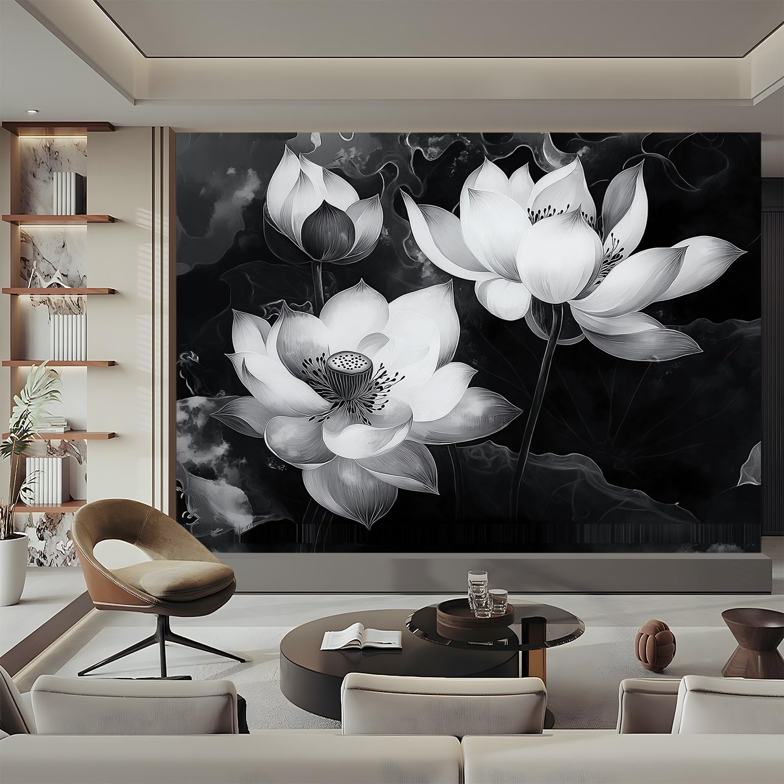 Tapeta kwiatowa Lotos Sztuka Czarny Biały 250 x 175 cm (szer. x wys.) , Fototapety z włókniny Nowoczesne tapety, malowidła ścienne Plakat z efektem 3D Wodoodporne fototapety do kuchni łazienki pokoju