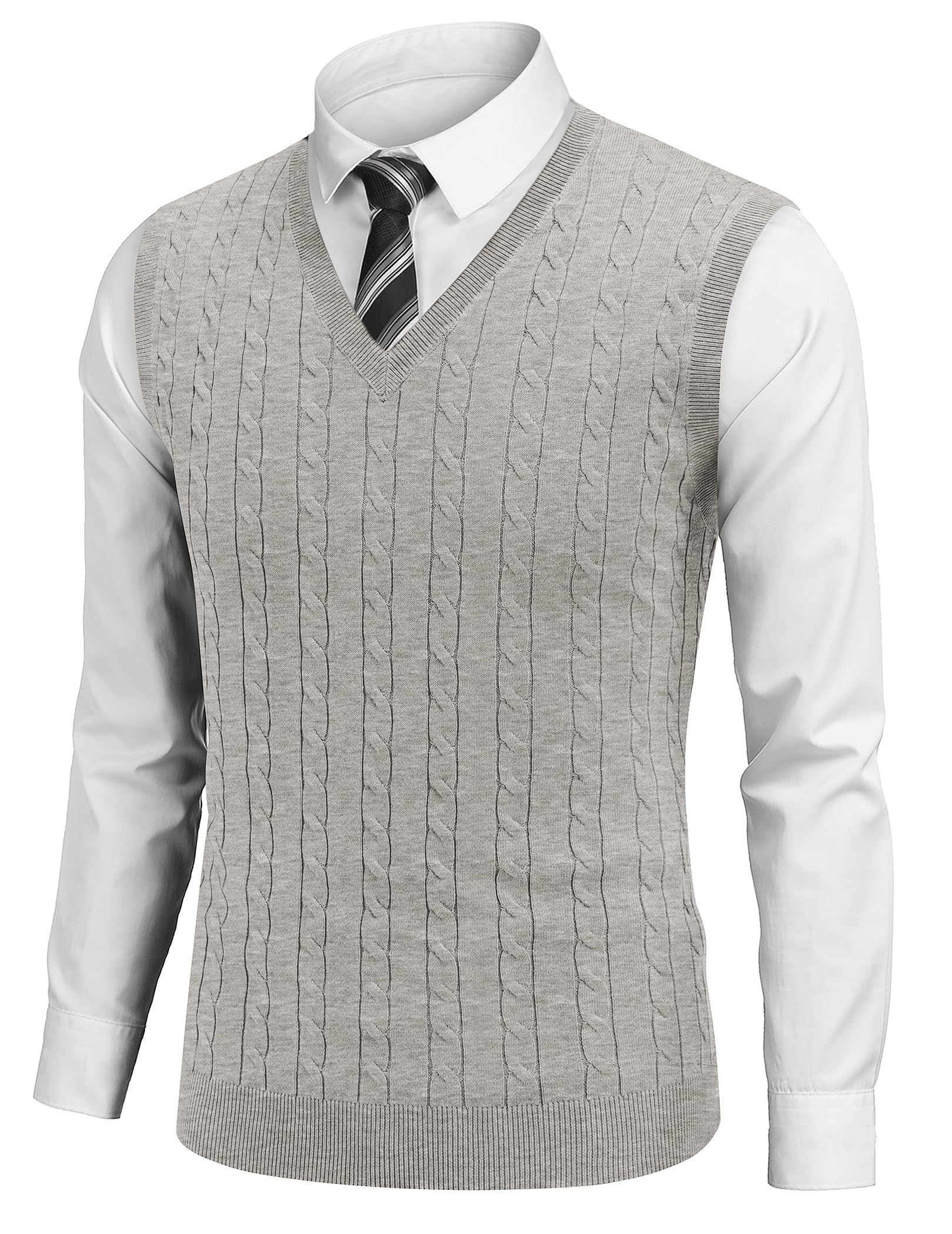 COOFANDY Men's Sweater Vest Cable Knitted V Neck Slim Fit Sleeveless Pullover Sweater