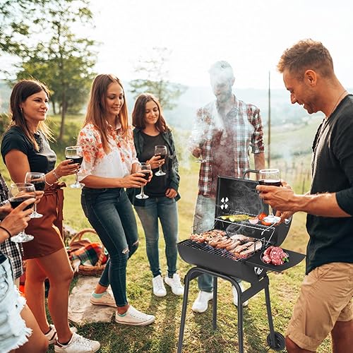 Miniatura 9 de Barrel - Parrilla de carbón con mesa auxiliar y ruedas, pequeña parrilla de barbacoa de carbón, parrillas de barbacoa al aire libre con termómetro,