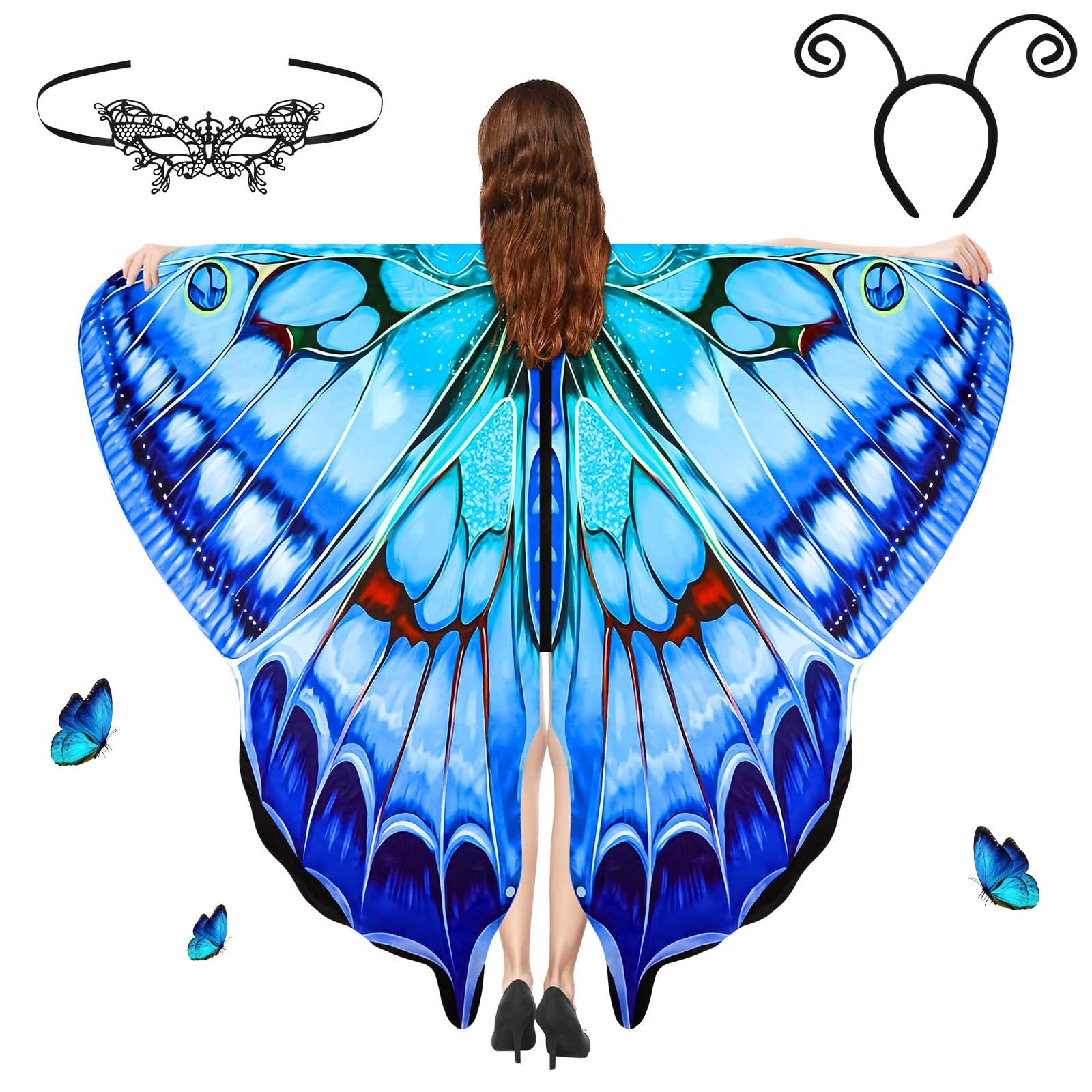 Aomig Schmetterling Kostüm Damen, 3PC Schmetterlingsflügel Erwachsene Frauen mit Maske, Bunter Schmetterling Umhang Schal Flügel Nymphe Pixie Kostüm für Halloween Party Weihnachten Cosplay Karneval