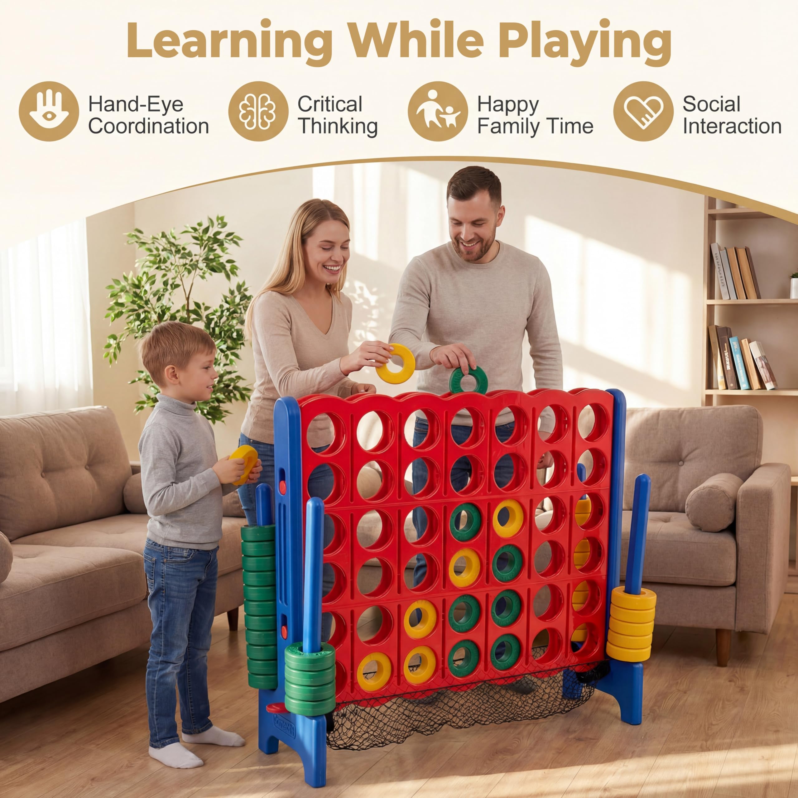 HOMASIS Riesiges 4 Gewinnt Spiel, 4 in Einer Reihe Spiele, Strategiespiel mit 42 Ringen & & Schieberegler, XXL Brettspiel Spielzeug Vier Gewinnt Spiel für Kinder & Erwachsene Outdoor (Blau+Netz)