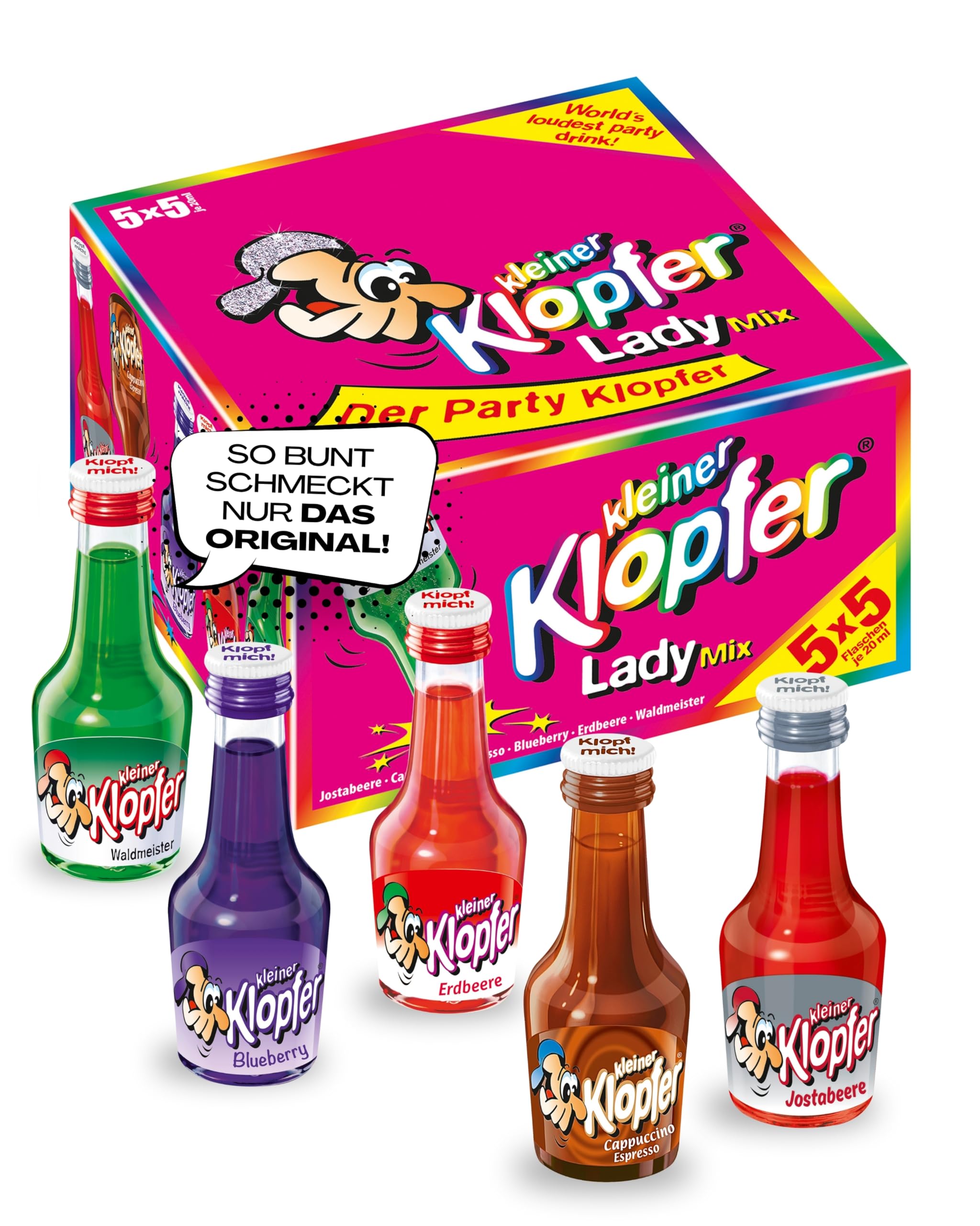 Kleiner Klopfer Lady Mix I 25 Mini Liköre à 20 ml I 5 beliebte Sorten Jostabeere, Waldmeister, Blueberry, Erdbeere & Cappuccino Espresso I 15-17 % Vol. I Likör-Mix für Geburtstag & Karneval