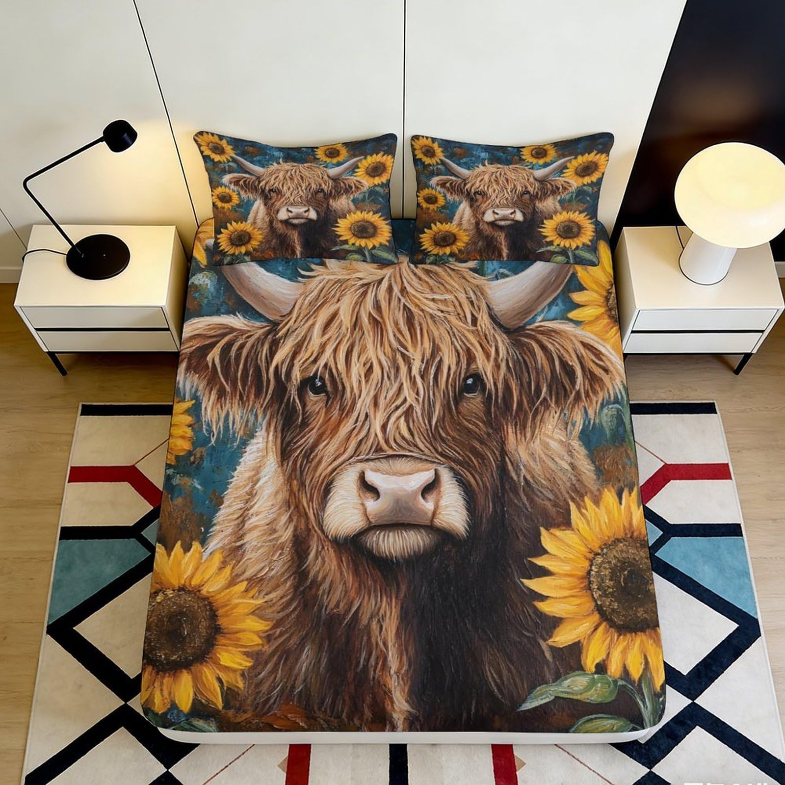 3D Printed Highland Cow Fitted Sheet Microfiber Soft Durable Sunflower Bed Cover for Bedroom Dormitory Guest Room Mattress Protection Decoration 200x200x25cm
