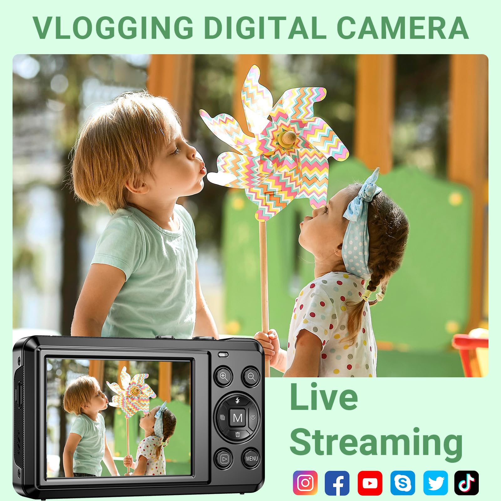 Fotocamera digitale 4K 64 MP con scheda micro SD, messa a fuoco automatica, zoom digitale 16x, fotocamera compatta portatile con batteria da 1200 mAh, cavo USB, per adolescenti, adulti e principianti