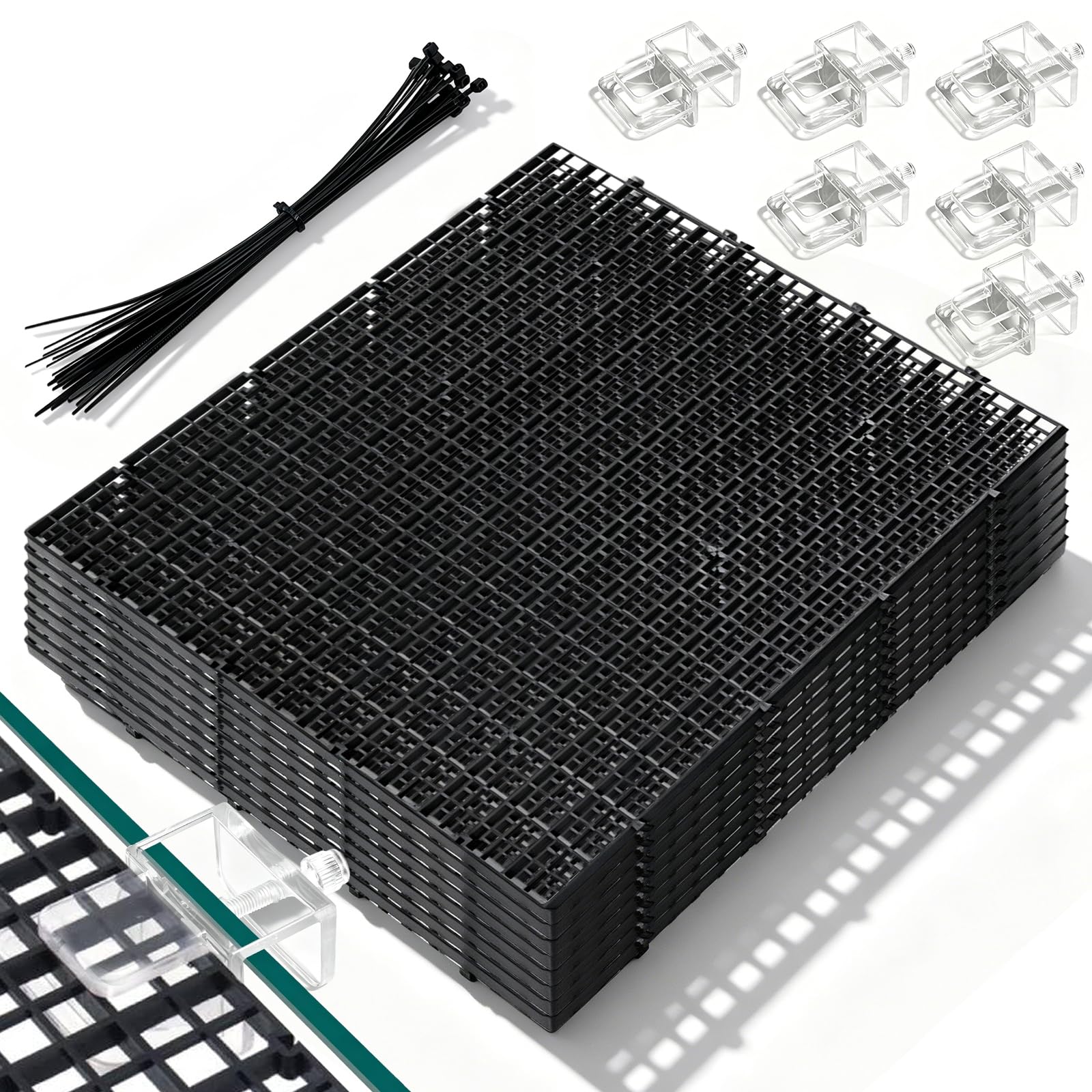 Lot de 8 protections pour aquarium - 30 x 30 cm - Avec 6 supports et 20 serre-câbles - Grille en plastique - Accessoire d'aquarium