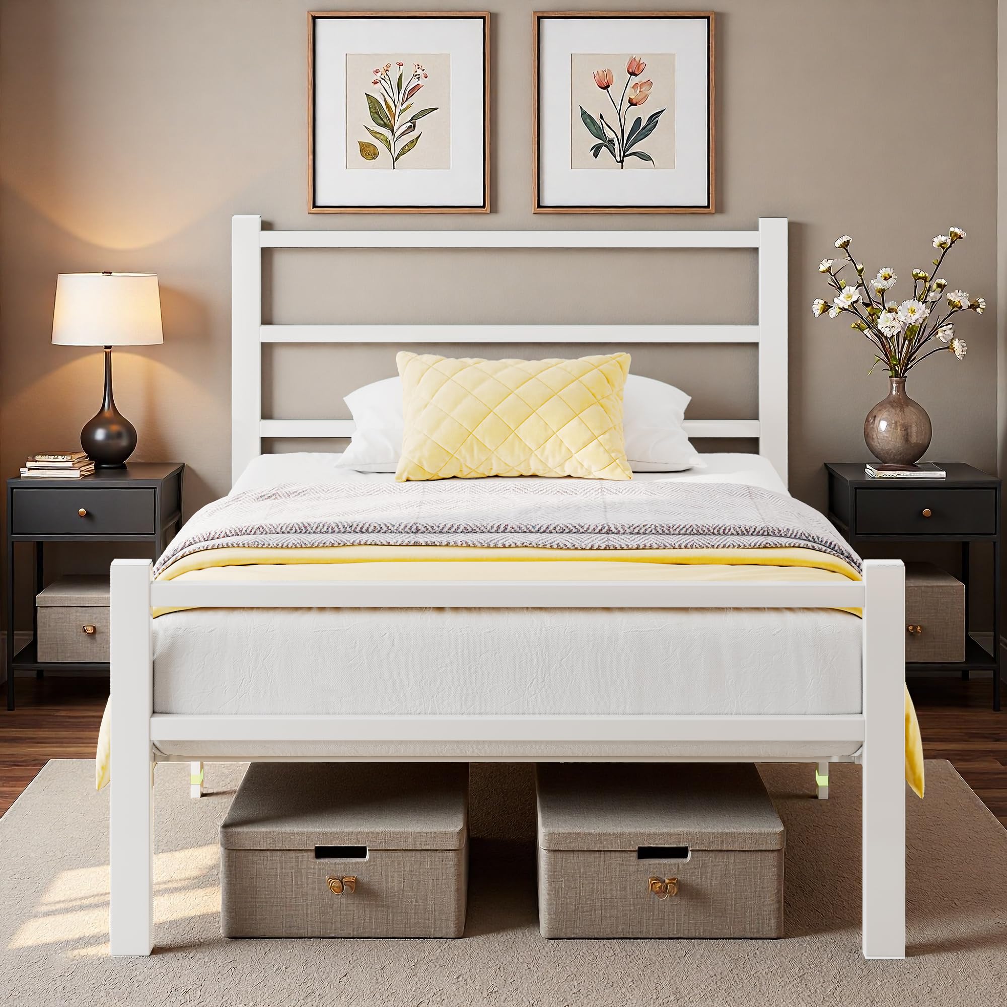 Feonase Single Bed Frame, Metal Platform Bed Frame, Single Beds Solid Bedstead Base with Headboard and Footboard, Sturdy Steel Construction, Under-bed Storage, Easy Assembly, Noise Free, White
