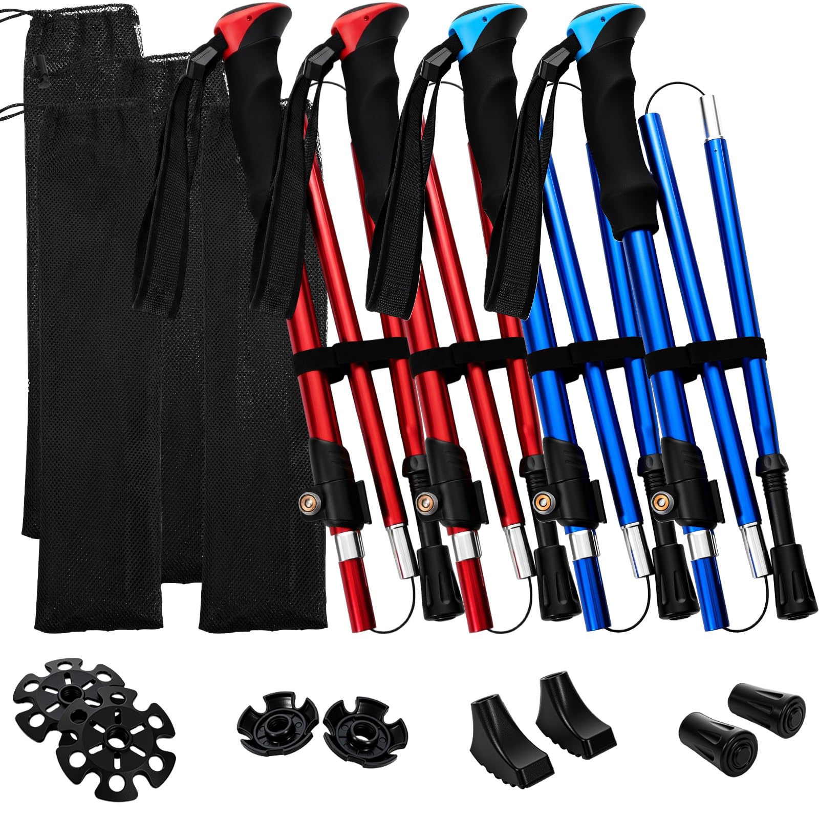 Juego de 4 bastones de senderismo plegables de aluminio, bastones de senderismo plegables ajustables, bastones de senderismo ligeros de viaje con bolsa de almacenamiento para adultos