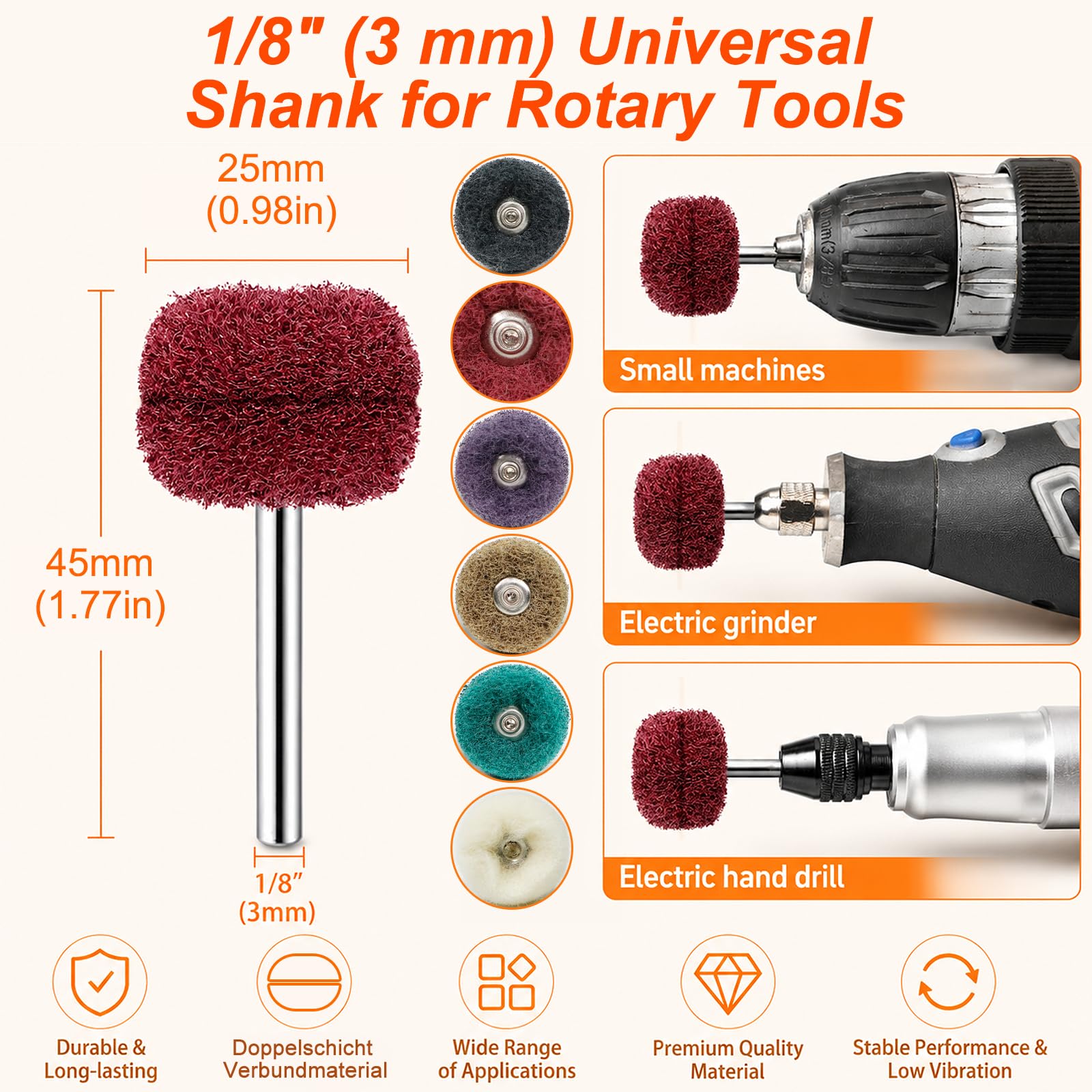 90 Stück 25 mm Schleifscheiben & Wollfilz Polierscheiben Set für Dremel – 3 mm (1/8") Schaft, inkl. 15 Wollfilz Polierscheiben, zum Schleifen und Polieren von Metall, Holz, Radnaben