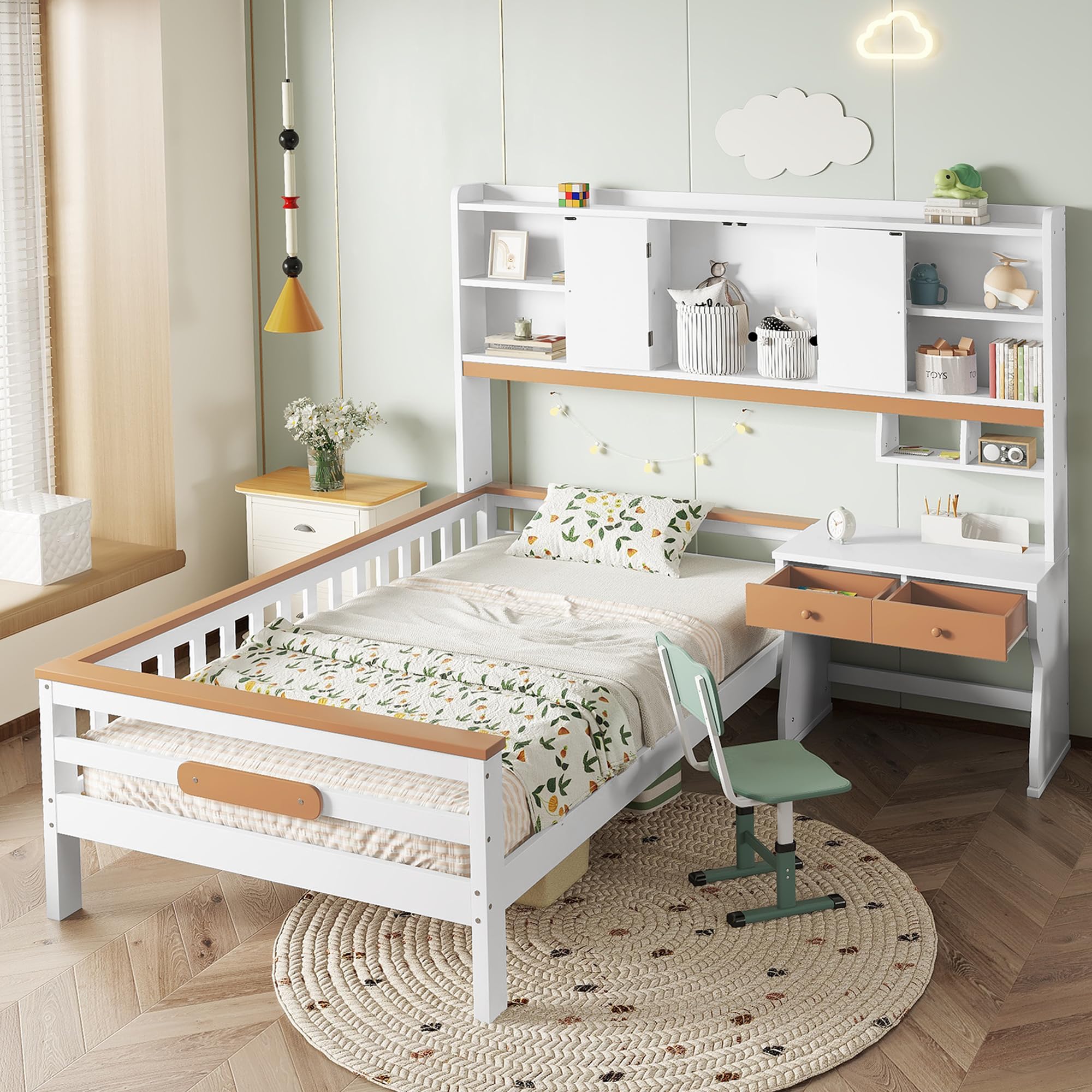 Lit Cabane Enfant Merax 90x200 Cm - Avec étagères, Porte, Tableau Noir - Blanc, Sans Matelas - 2