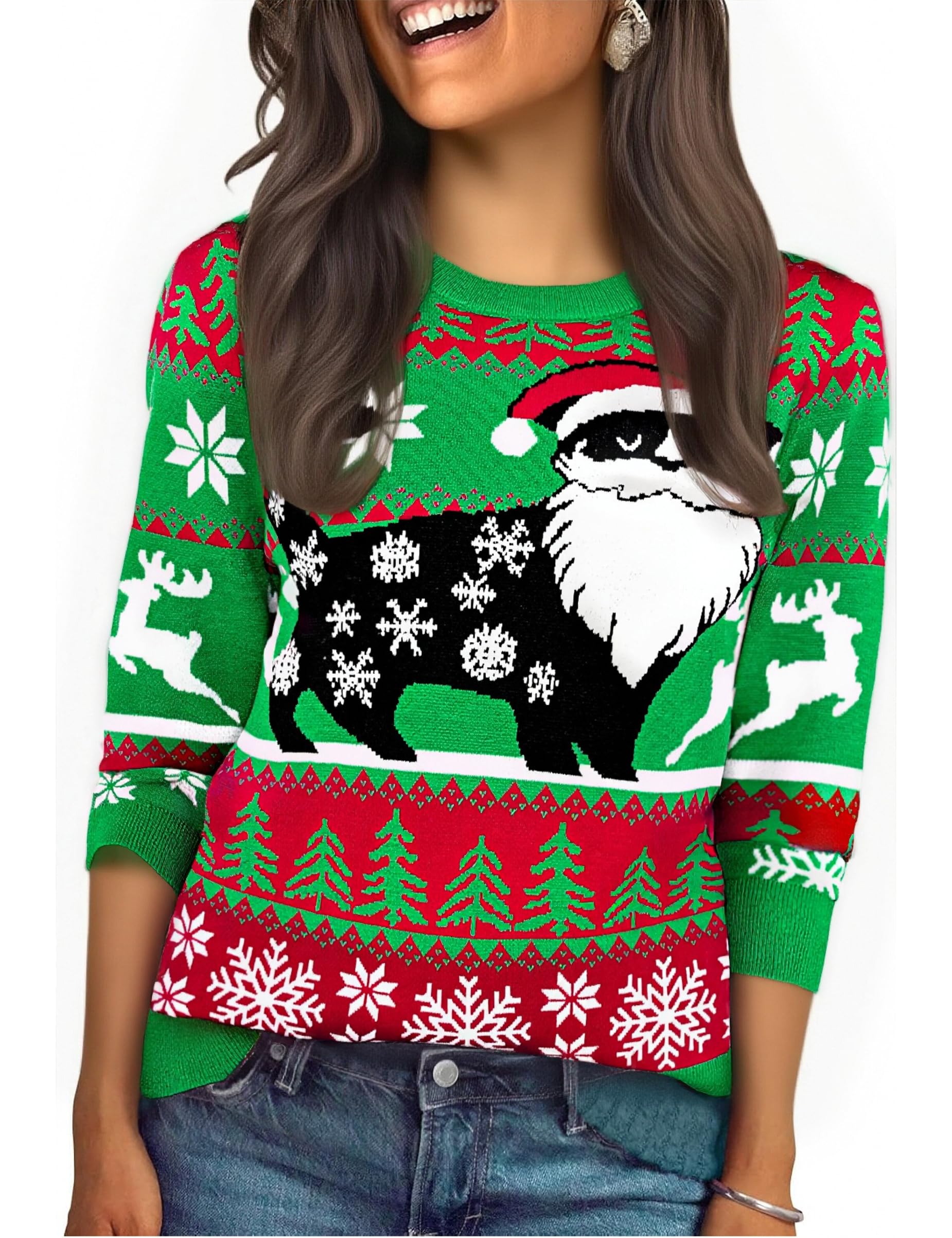 Litherday Weihnachtspullover Damen Ugly Christmas Sweater mit Katze und Schneeflocke Langarm Warme Strickpullover Rundhals Hässlicher Weihnachtspulli