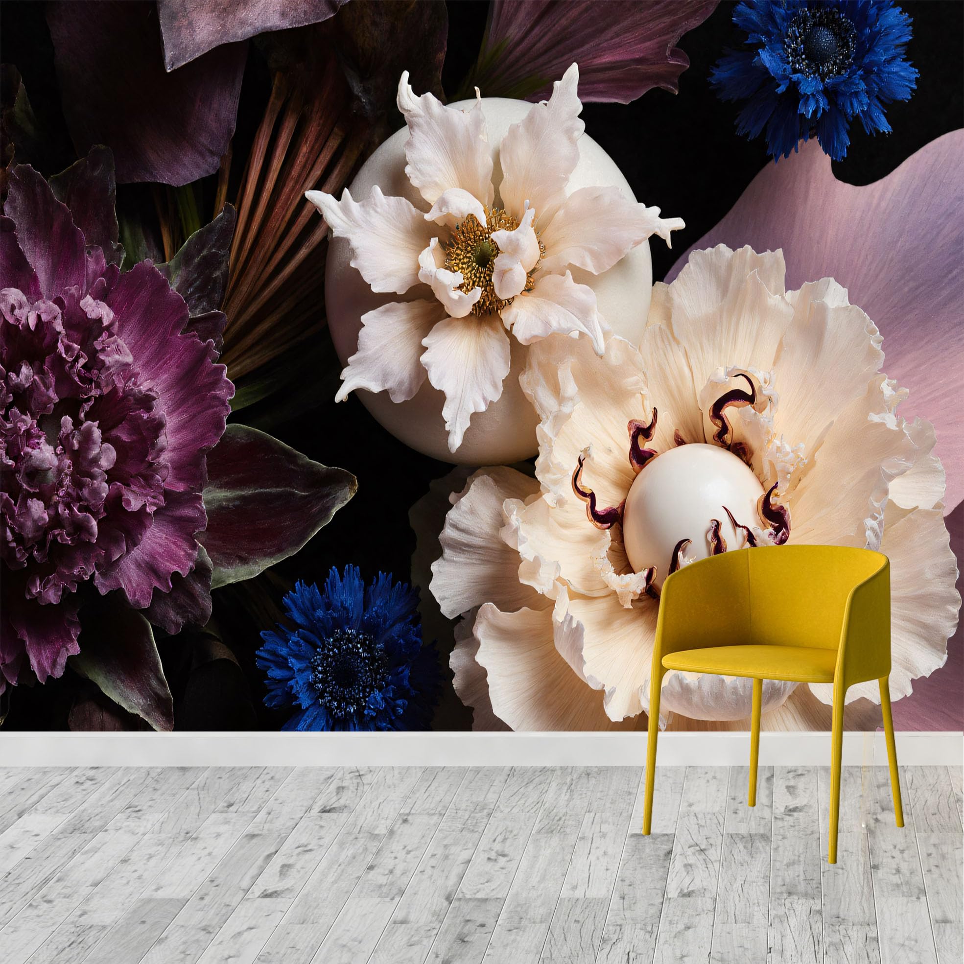 Artistic Flowers Arrangement on Dark Background Wall Murals, Self-Adhesive Wall Fabric (NO PVC), Removable Wallpaper, for Living Room, Bedroom, Office -Custom Size