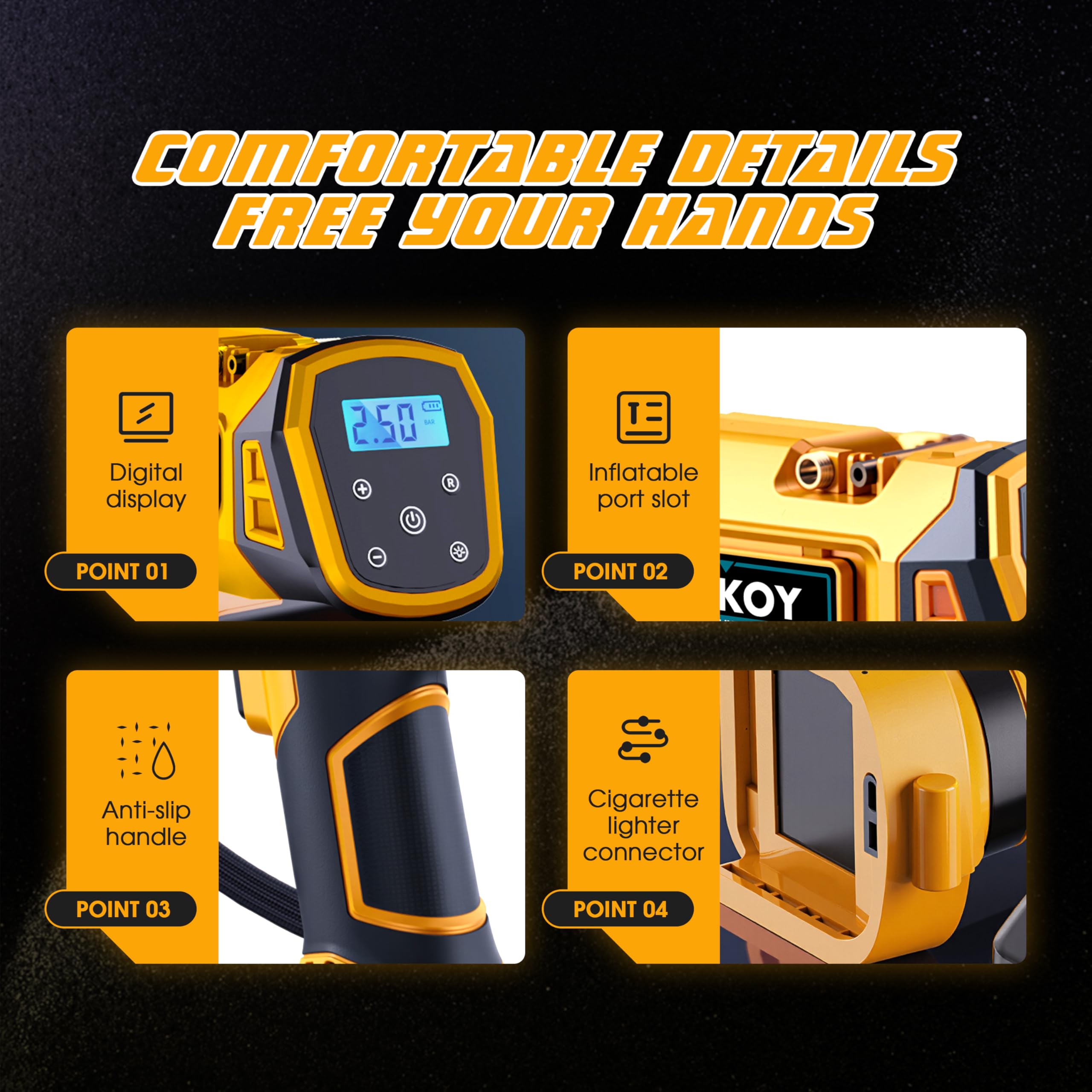 Inflador Ruedas Coche, para Batería Dewalt 21V, Compresor Aire Portátil 160 PSI, Pantalla LCD y Función de Parada Automática, para Moto, Bicicleta, Pelota, Coche, Pila no incluida