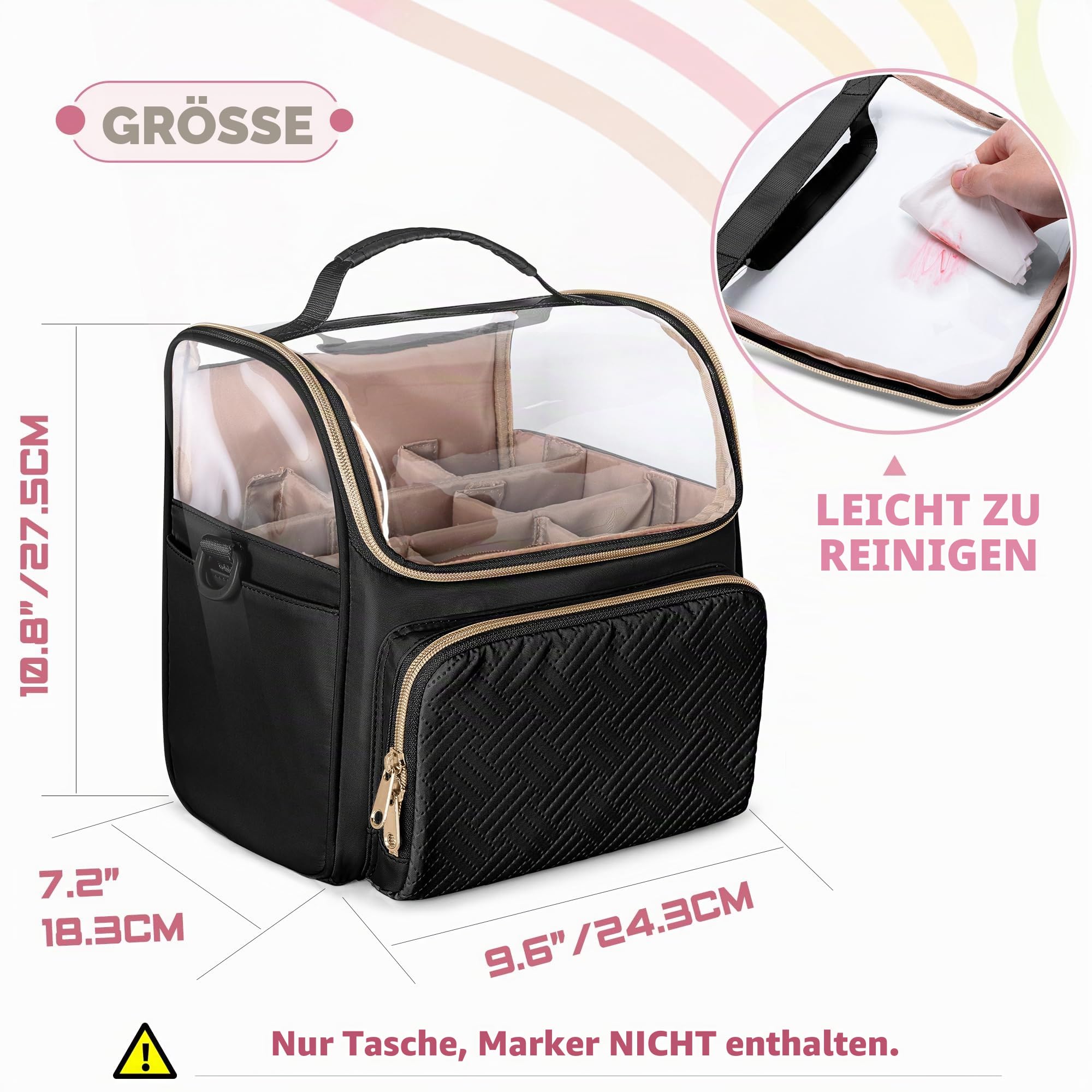 Rexmica Groß Reisetragetasche für 180 Farben Marker Stifte, Marker Aufbewahrungstasche mit Schultergurt, Markierungsfall mit Fronttasche und 2 Seitentaschen, Schwarz (Leerer Beutel)