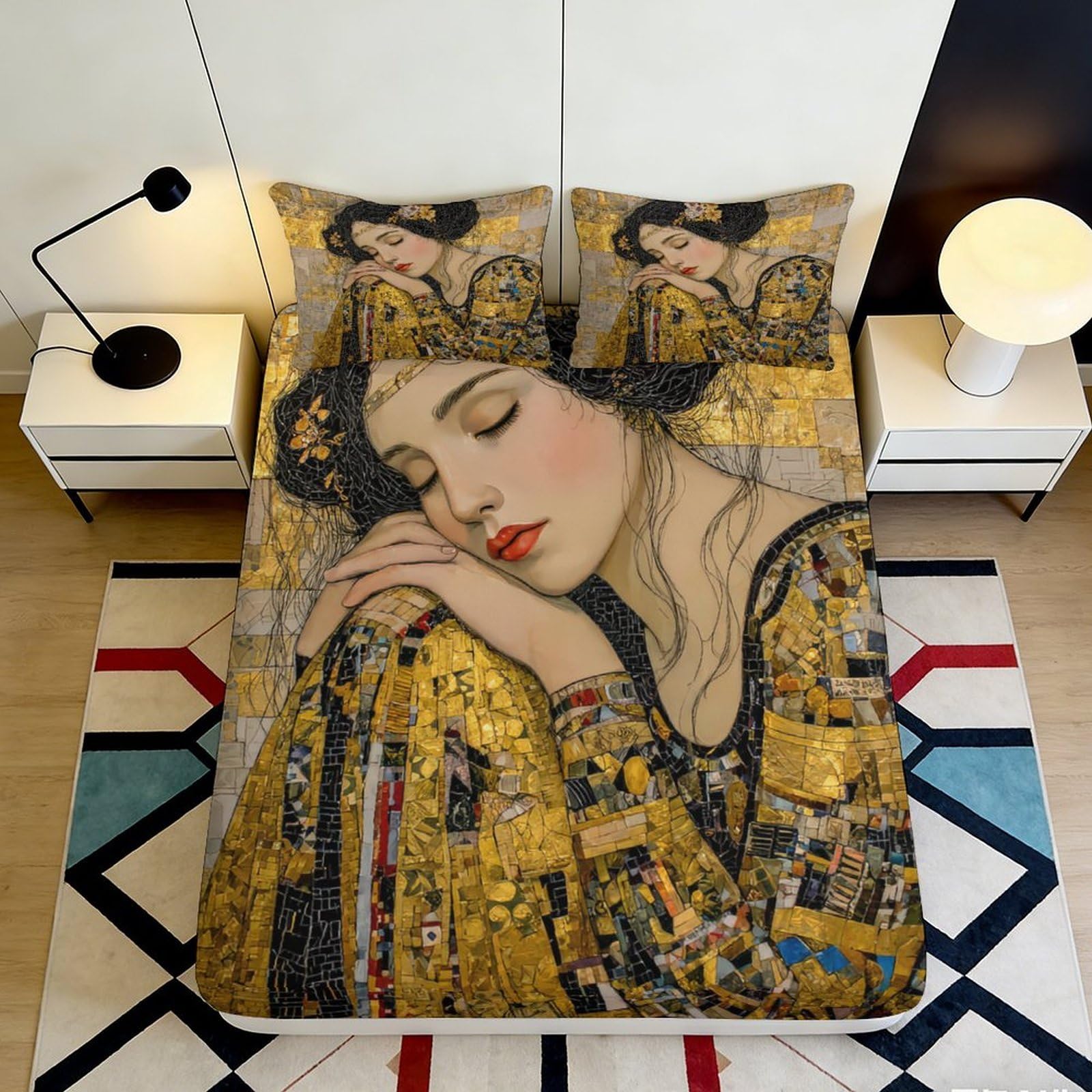 Pnayamiorkfel Style-9 3D Printed Golden Mosaic Portrait Fitted Sheet Microfiber Soft Bedroom Artistic Bed Cover Non-Slip Washable Decor 90X200x25cm