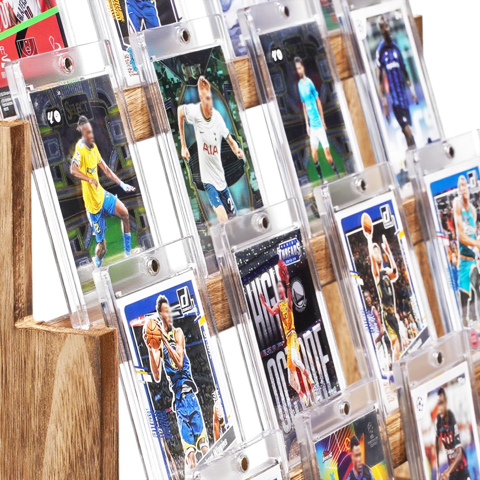 Expositor de tarjetas coleccionables, 4 niveles, madera, soporte para tarjetas de béisbol, soporte para tarjetas con soporte para tarjetas y compartimentos ajustables para tarjetas deportivas
