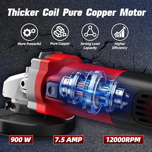 Miniatura 3 de Amoladora angular, amoladora eléctrica de 7.5 amperios y 4 12 pulgadas, 12000 RPM con muelas de corte y rectificado, disco de solapa y mango