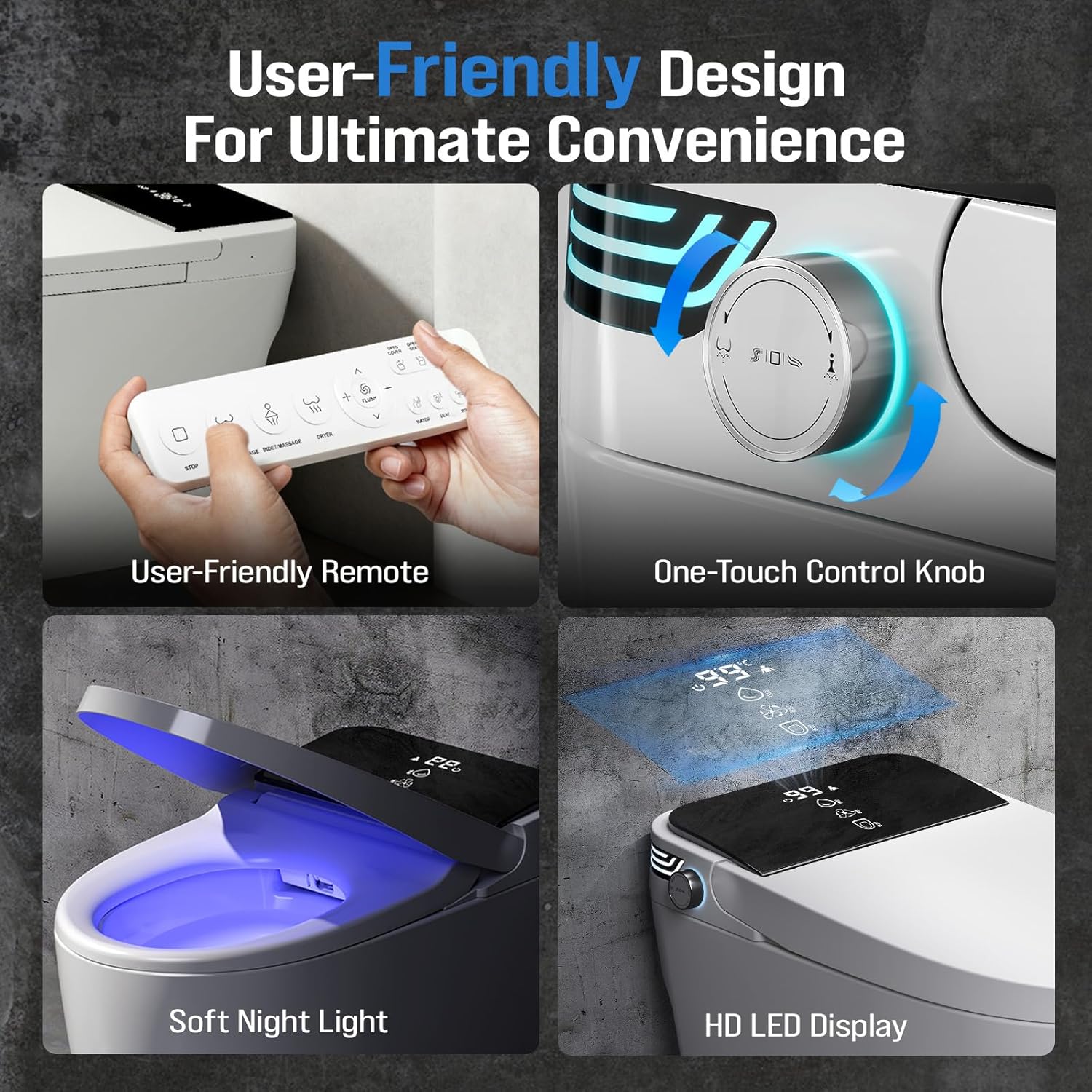 Smart Toilet with Bidet Built-In, Tankless Powerful Dual Flush, Auto Open/Close & Auto Flush, Elongated Heated Seat, Instant Warm Water & Dryer, LED Night Light & Temp Display