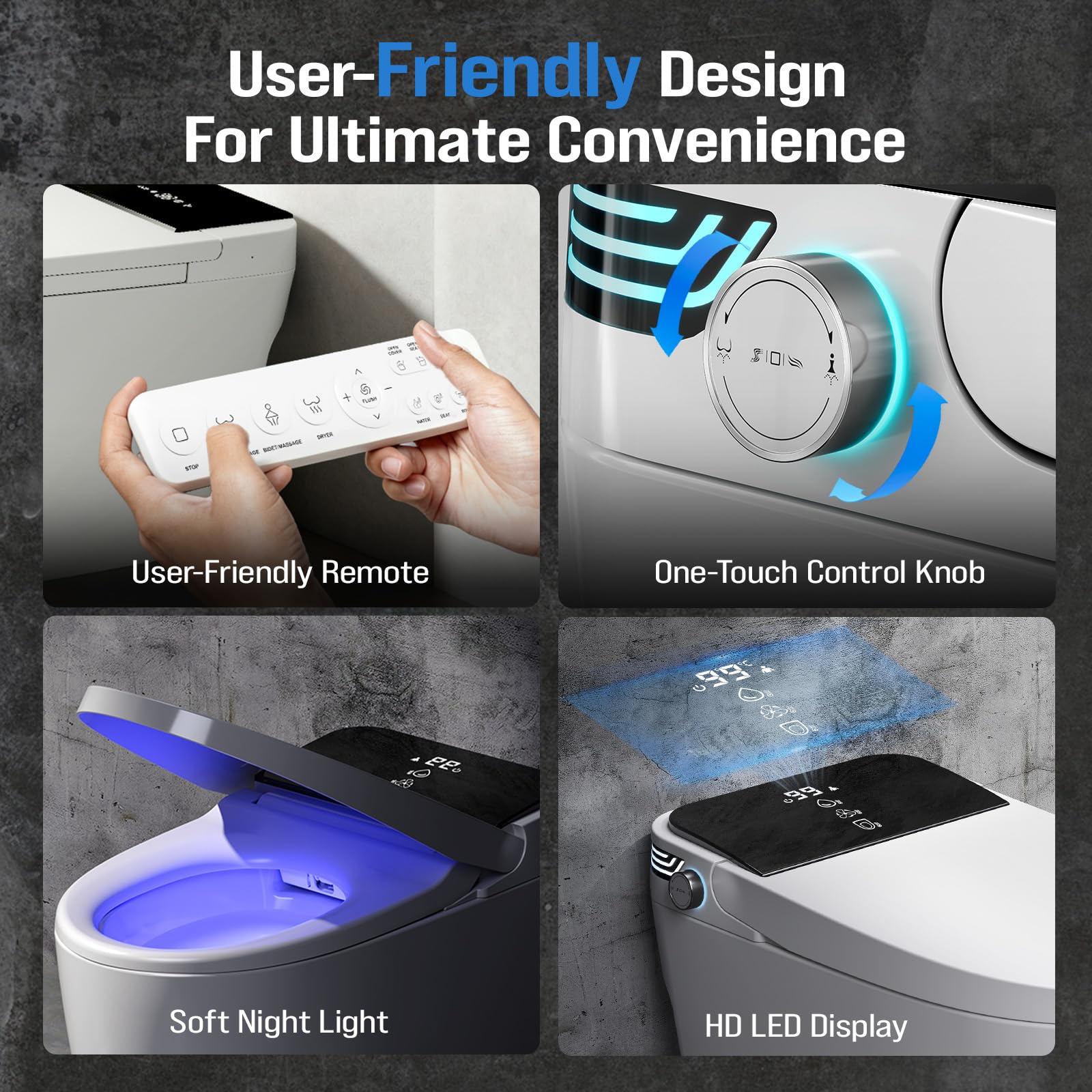 Tankless Smart Toilet Bidet with Auto Open Close Dual Auto Flush Heated Seat Air Dryer Multiple Cleaning Modes — view 7